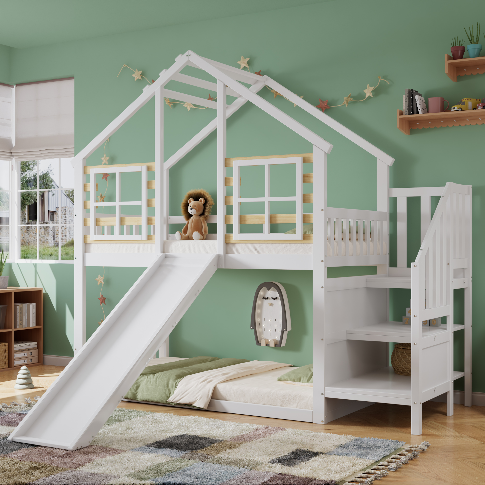 [30813839WAA] Etagenbett, Holzbett mit Treppe und 