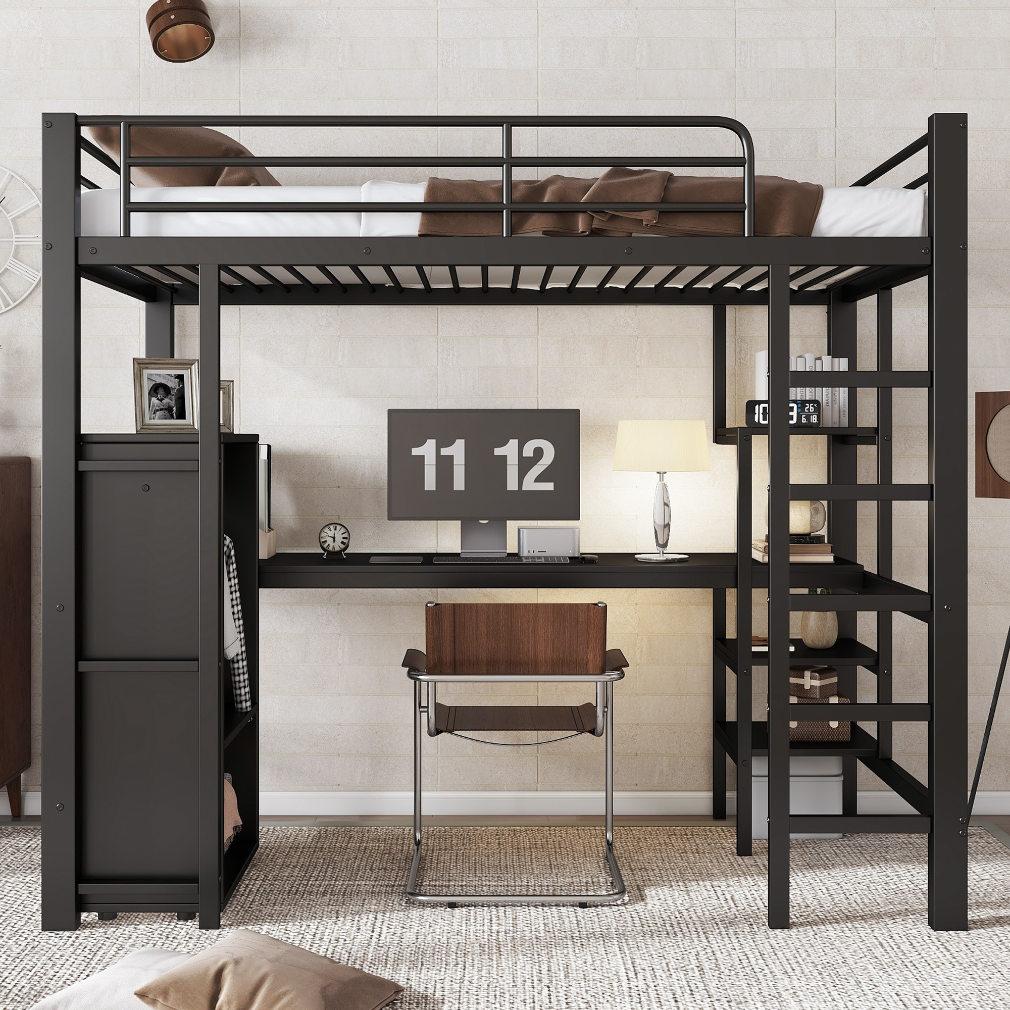 Lit mezzanine en fer noir avec bureau, placard et étagères, 90x200 cm 1