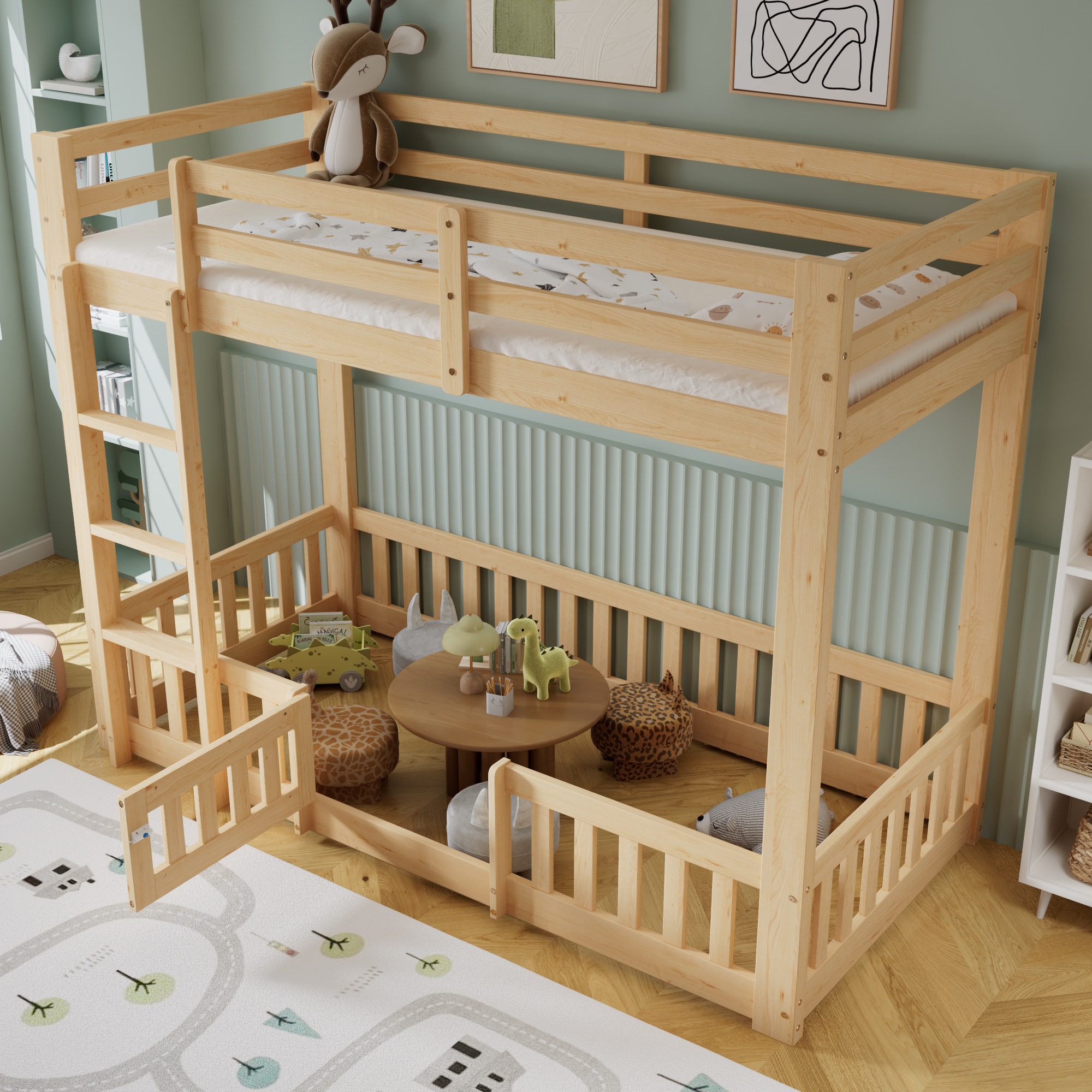 Lit superposé 90 x 200 cm, escalier d’angle, garde-corps, espace sous le lit aménageable, rangements intégrés, bois de pin, effet bois naturel, 204 x 100,5 x 150 cm 🛏️🪜 - vue principale 1
