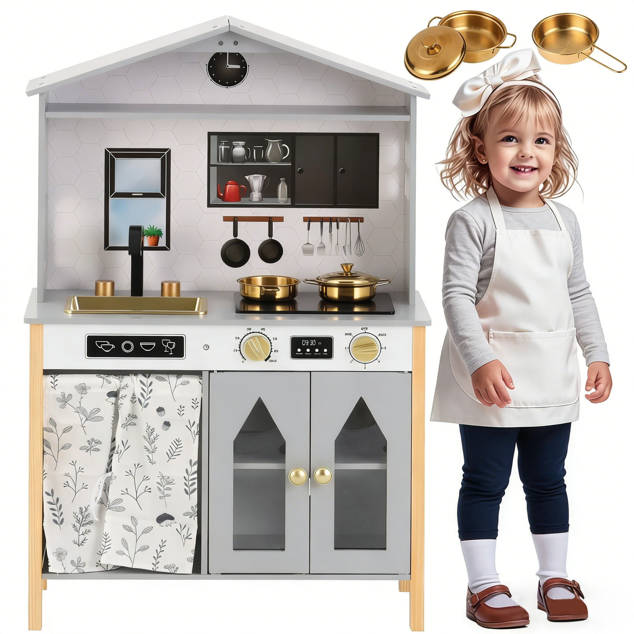 Cuisine enfant, 60 x 28,5 x 92 cm, tissu et bois, gris - vue 1