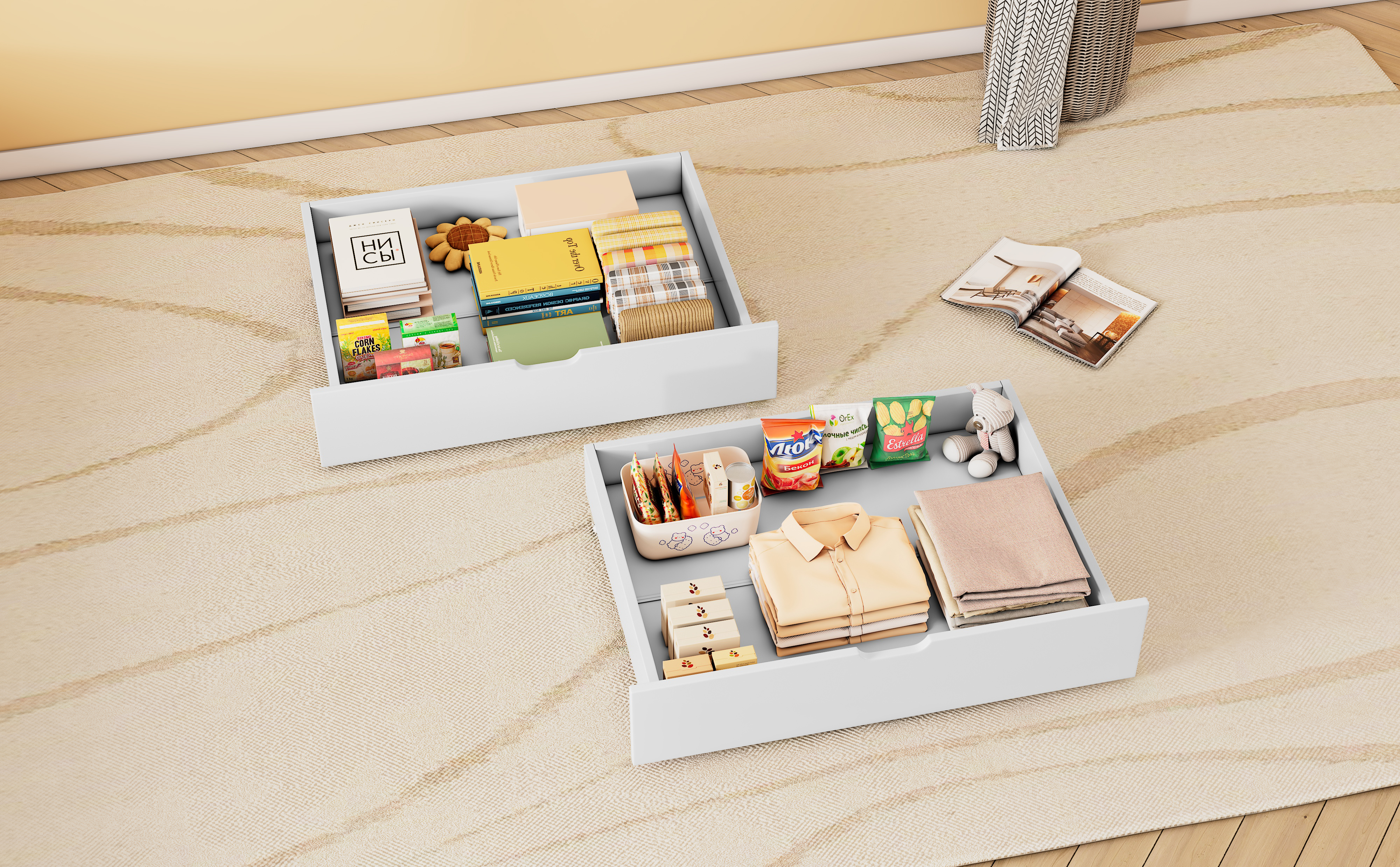Tiroirs de rangement sous lit en MDF avec roulettes, blanc, 93x67x17 cm 5