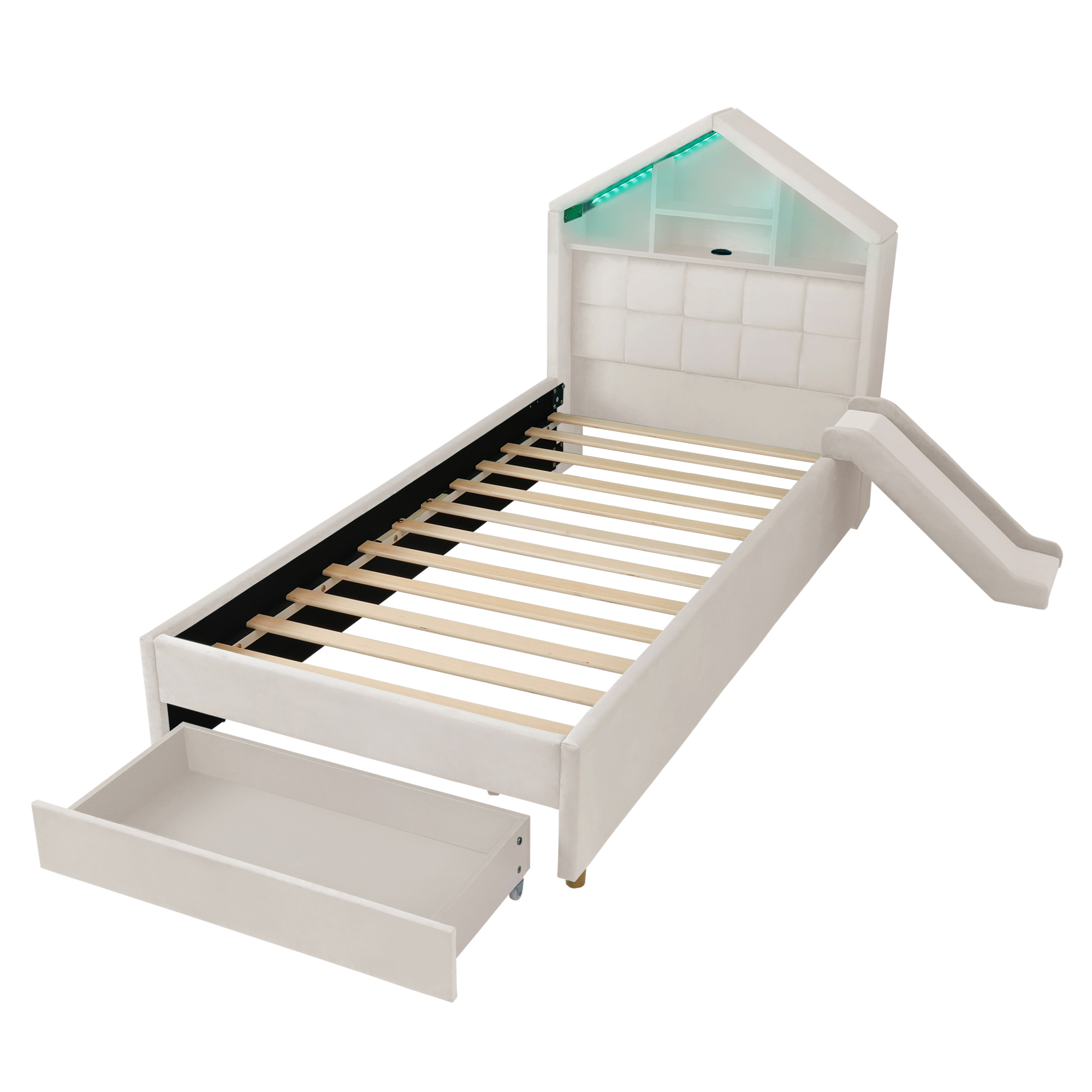 Lit cabane 90 x 200 cm avec échelle, toboggan, LED, ports de charge, velours, Beige - dimensions et détails