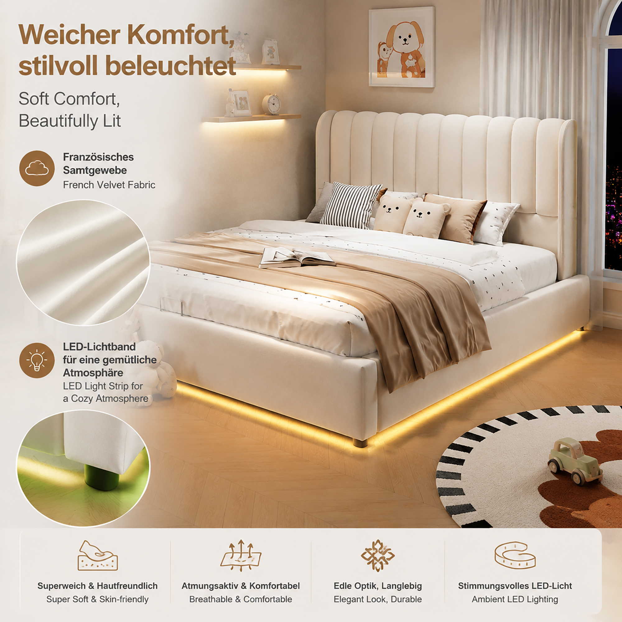 Revêtement en velours beige et rembourrage du lit