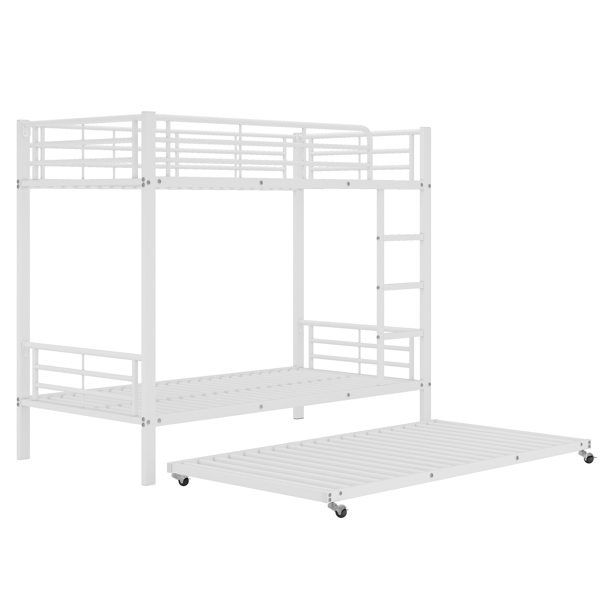 Lit superposé avec lit escamotable, pour matelas 90×200 et 90×190 cm, 4 barrières sécurité, échelle 3 marches, pour chambre d'enfant, gain de place vertical, accès sûr, design stable, style fonctionnel - image 8