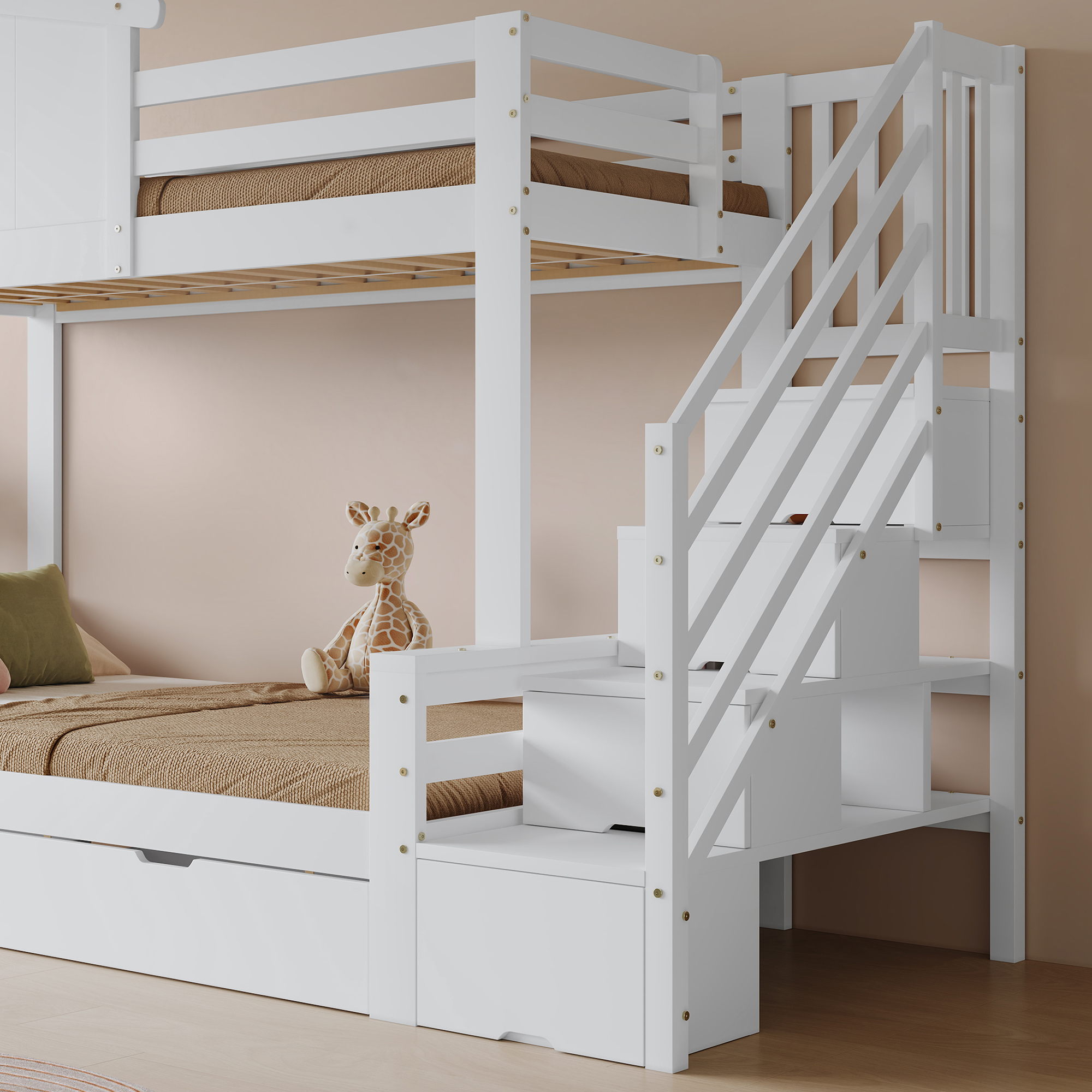 Lit superposé enfant pin/MDF/contreplaqué avec 2 tiroirs à roulettes, échelle-coffre d'angle, fenêtres exquises, pour chambre d'enfant, beaucoup de rangement, sécurité, design charmant, stabilité, durabilité - image 21