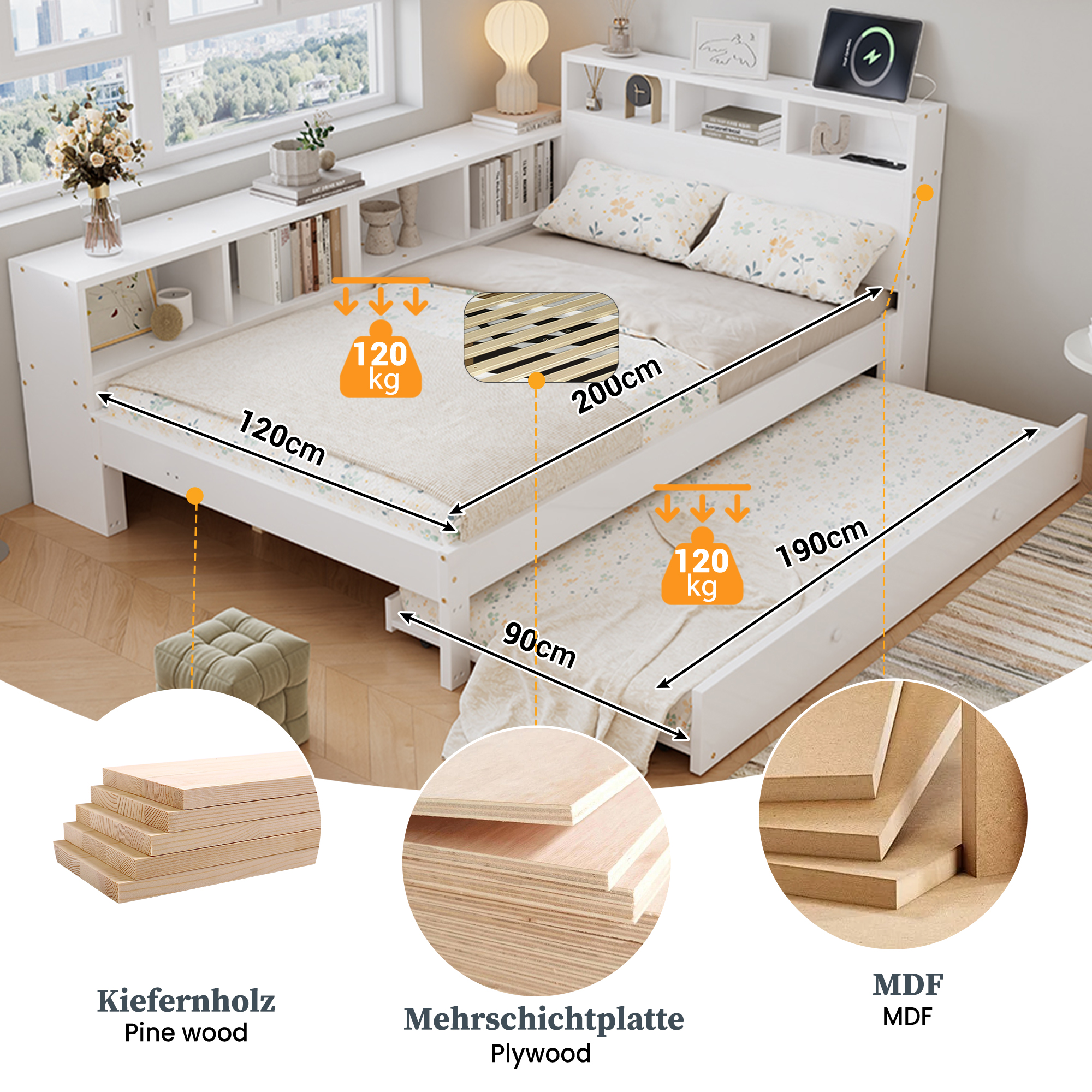 Lit / lit de chambre 120 x 200 cm avec éclairage LED, rangements intégrés, fonction extensible, blanc - spécifications 1