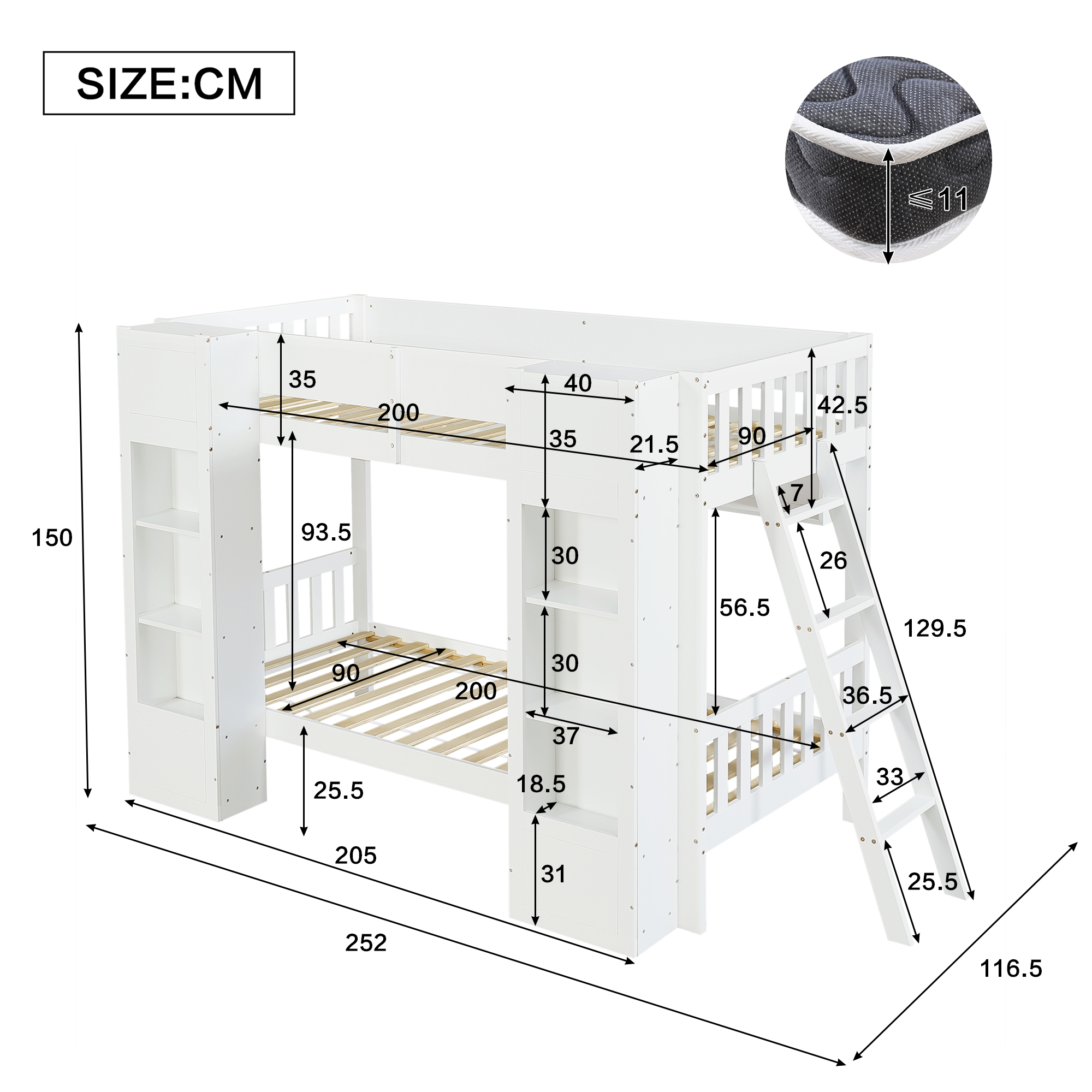 Lit superposé 90 x 200 cm, échelle droite, 2 armoires, garde-corps, bois de pin, blanc, 252 x 116,5 x 150 cm 🛏️🪜 - vue complémentaire 1