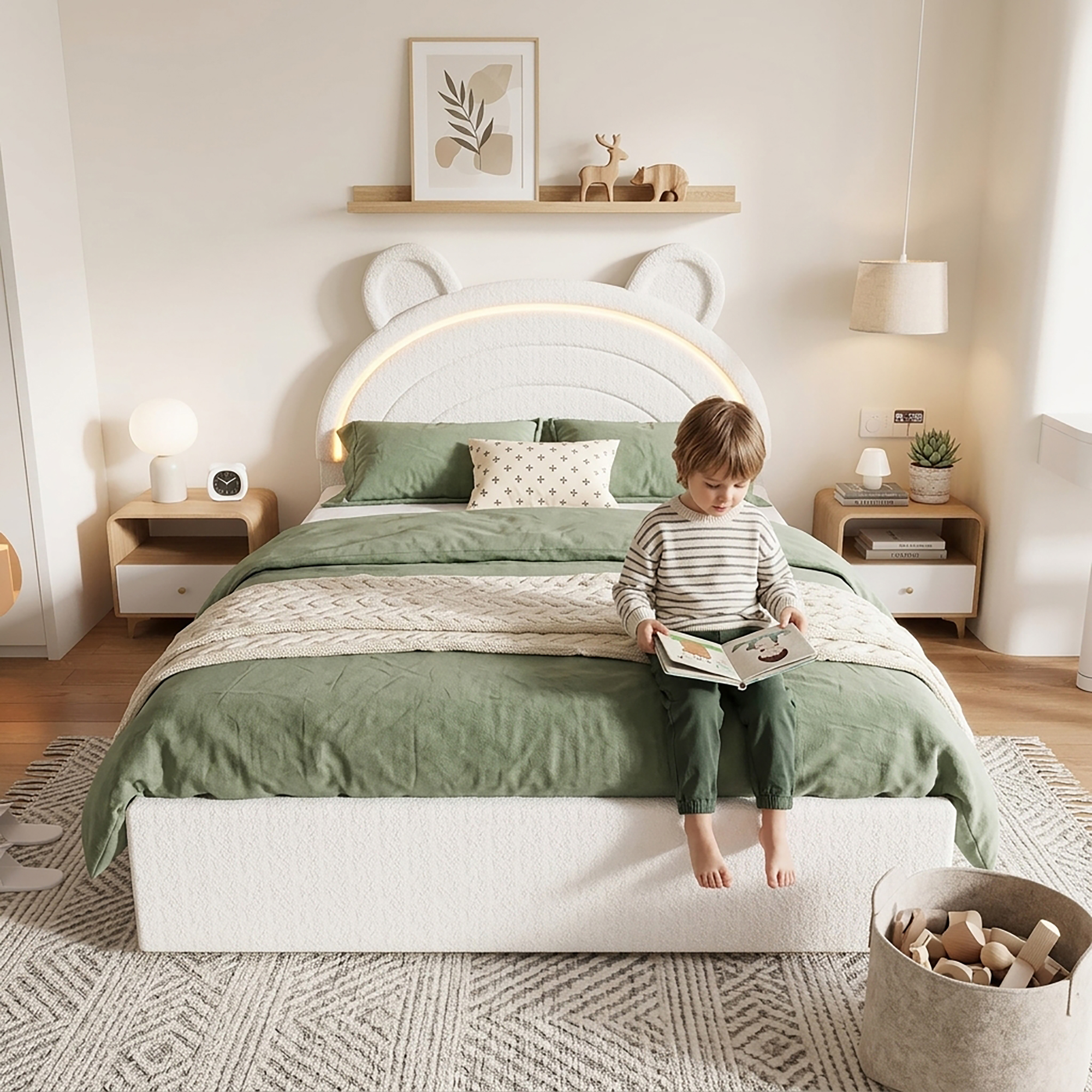Lit enfant beige 140x200 cm avec tête de lit ours et tiroirs
