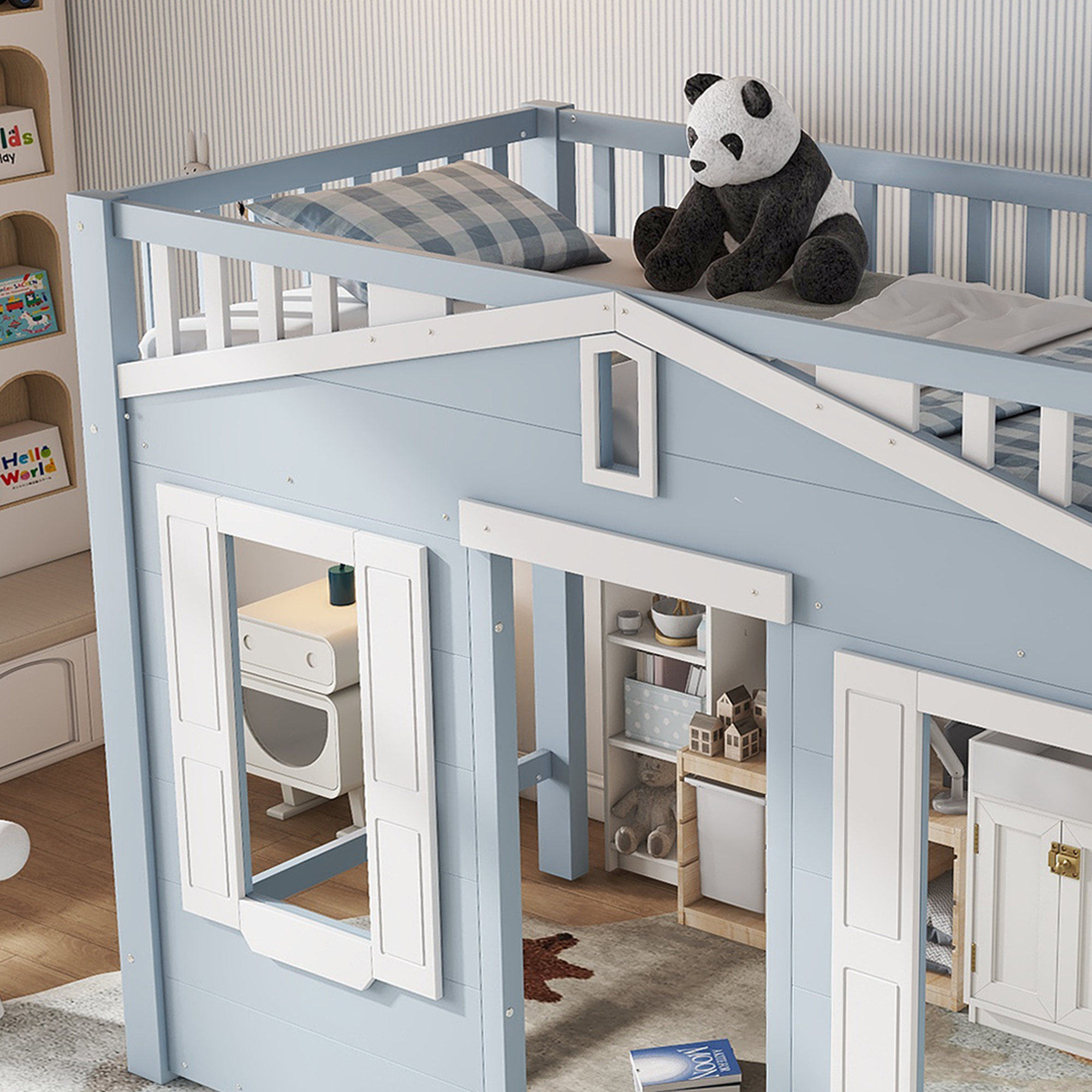 Lit mezzanine 90 x 200 cm, escalier, design cabane, espace sous le lit aménageable, bois de pin, blanc et bleu, 210 x 95 x 135 cm 🏠 - spécifications 1