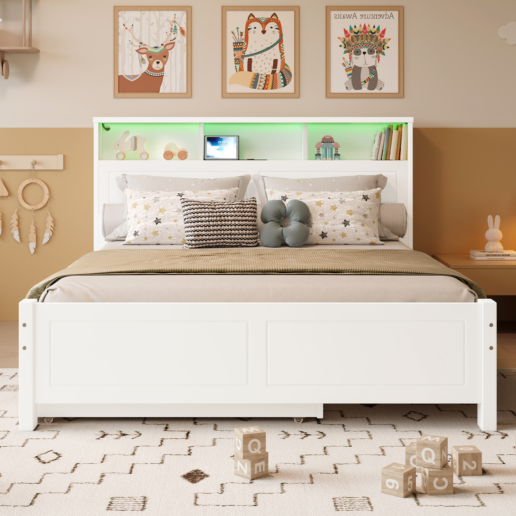 Lit double familial avec lit tirant 90x190 cm, LED et rangements, pin et MDF, blanc, 120x200 cm 2