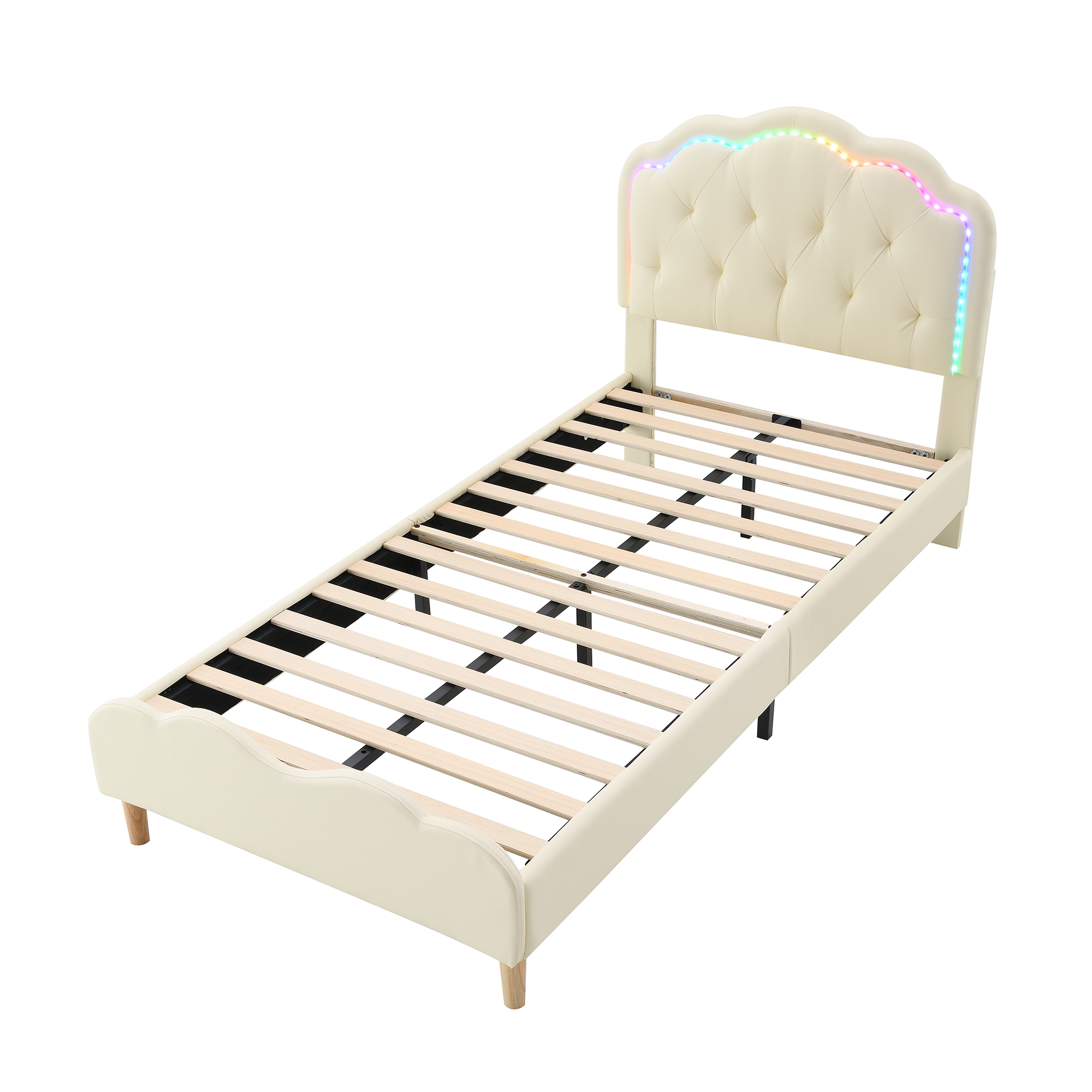 Lit enfant en PU avec LED multicolores effet course, tête ondulée avec boutons, pour chambre d'enfant, ambiance ludique, design élégant, confort, facile entretien, style moderne, fonctionnalité - image 13