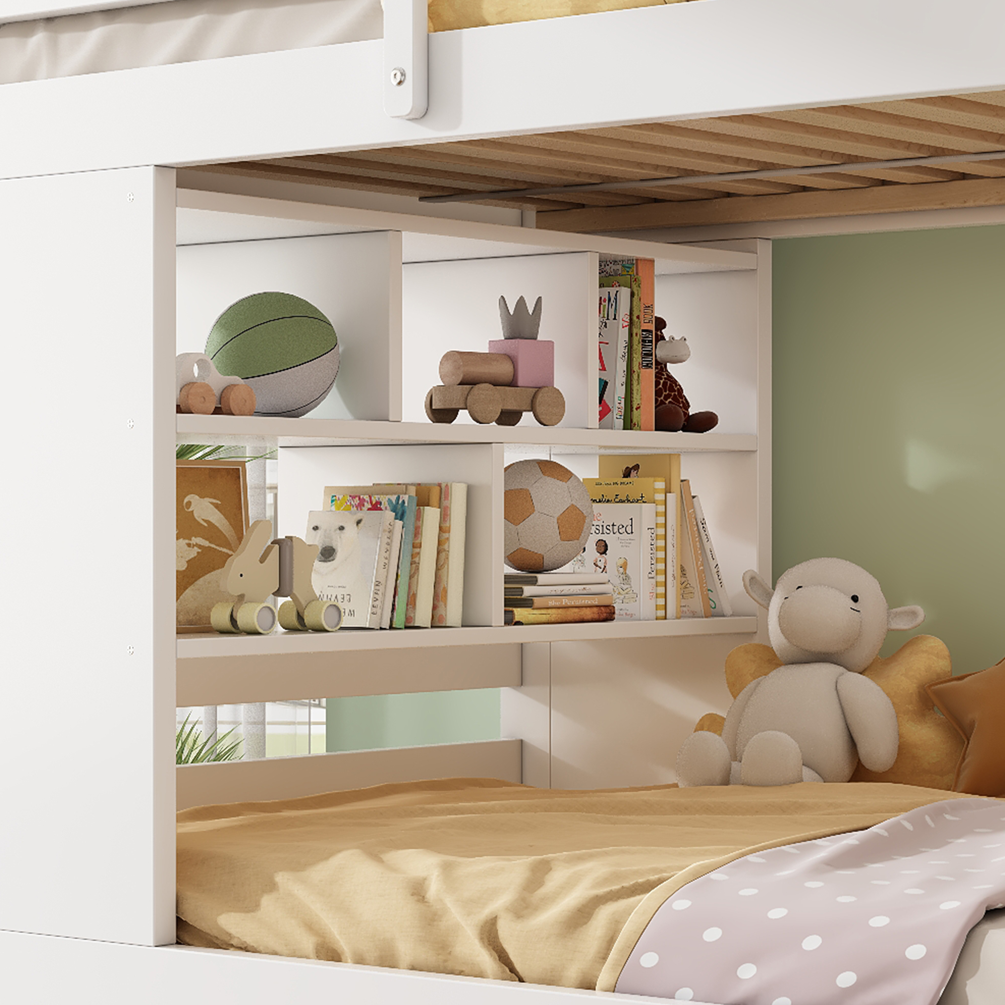 Lit superposé 90 x 200 cm / 205 x 104 cm avec 2 tiroirs, échelle, LED, rangements, bois, Blanc - vue complémentaire