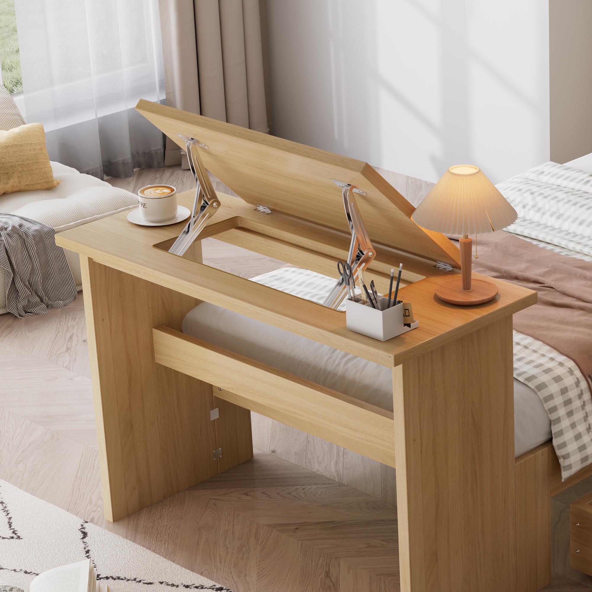 Lit 90 x 200 cm avec LED, rangements, bureau finition naturel 🏠 - vue complémentaire 1