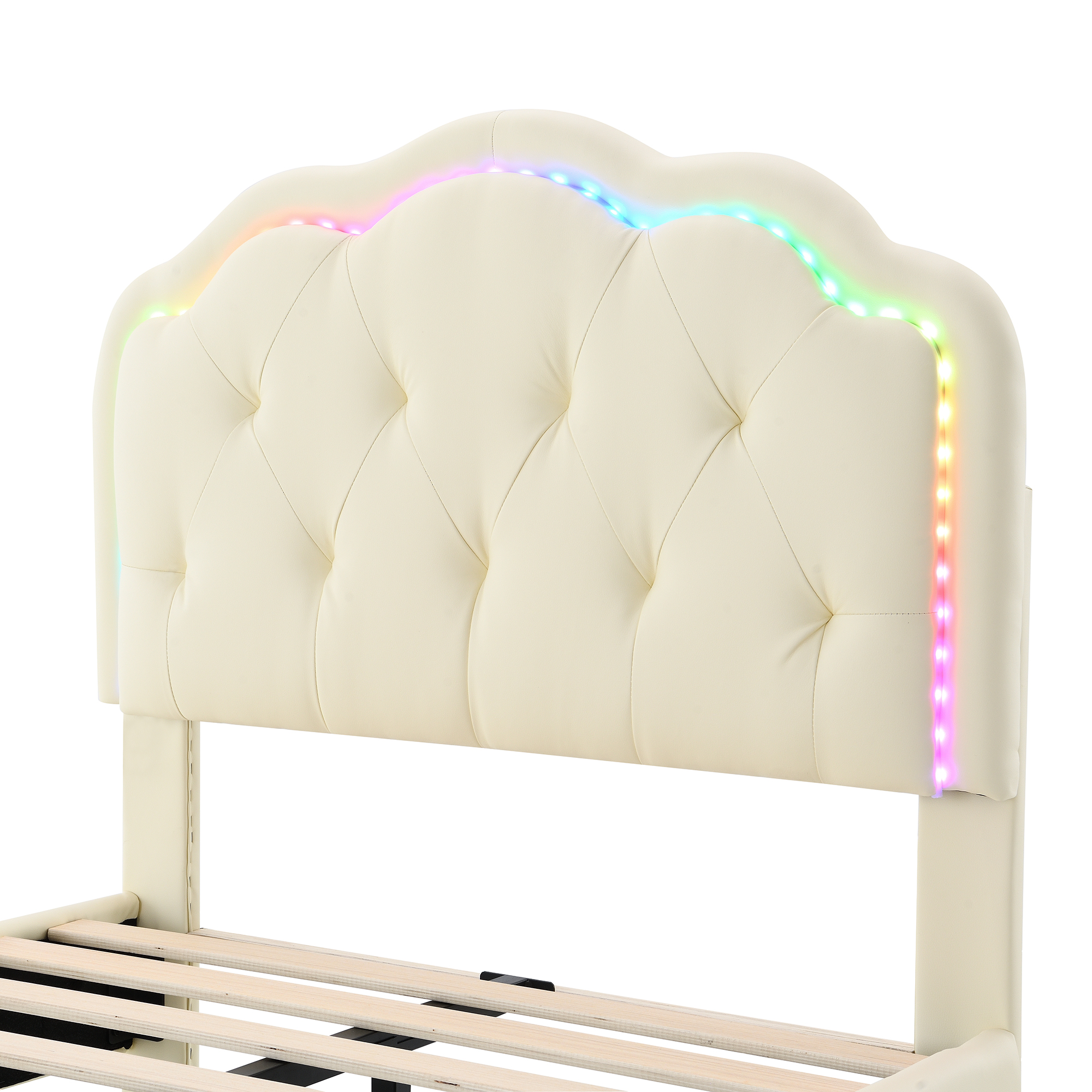 Lit enfant en PU avec LED multicolores effet course, tête ondulée avec boutons, pour chambre d'enfant, ambiance ludique, design élégant, confort, facile entretien, style moderne, fonctionnalité - image 22
