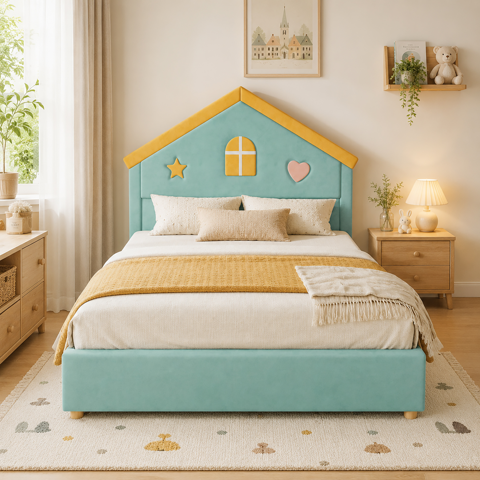 Lit cabane 140 x 200 cm avec 4 tiroirs, LED, ports de charge, velours, Bleu-vert - vue principale