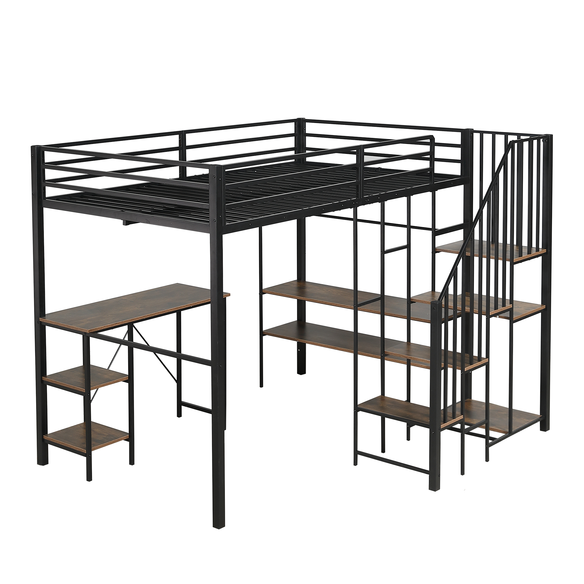 Lit mezzanine en fer avec bureau, étagères ouvertes, penderie ouverte latérale avec tringle, échelle-coffre 4 marches, pour chambre et étude, beaucoup de rangement, utilisation polyvalente, stabilité, fonctionnalité - image 15