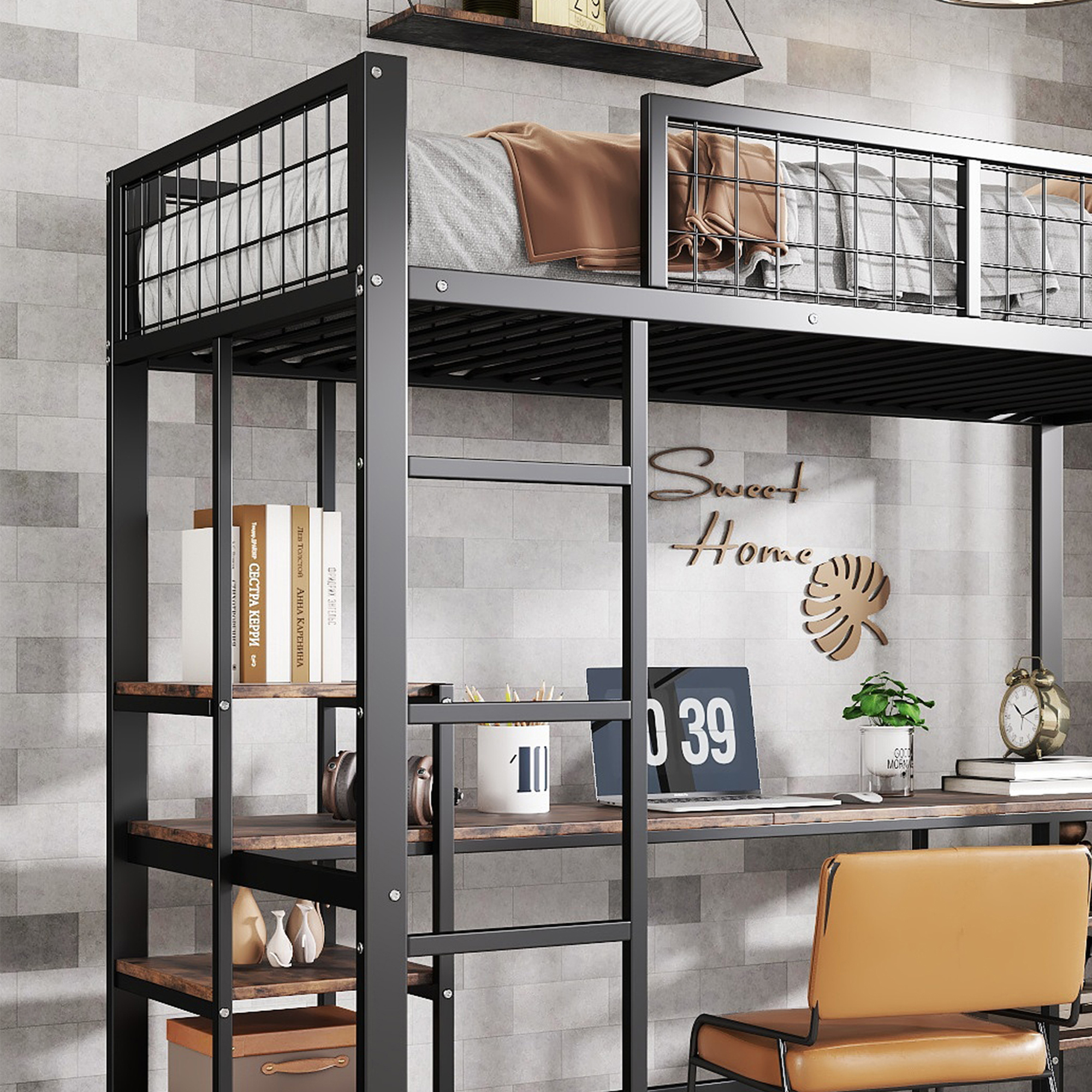 Lit superposé en fer avec échelle 4 marches, niveau inférieur transformé en espace travail et divertissement avec bureau et étagères, design polyvalent maximise l'espace, robuste et durable, pour chambre d'enfant - image 19