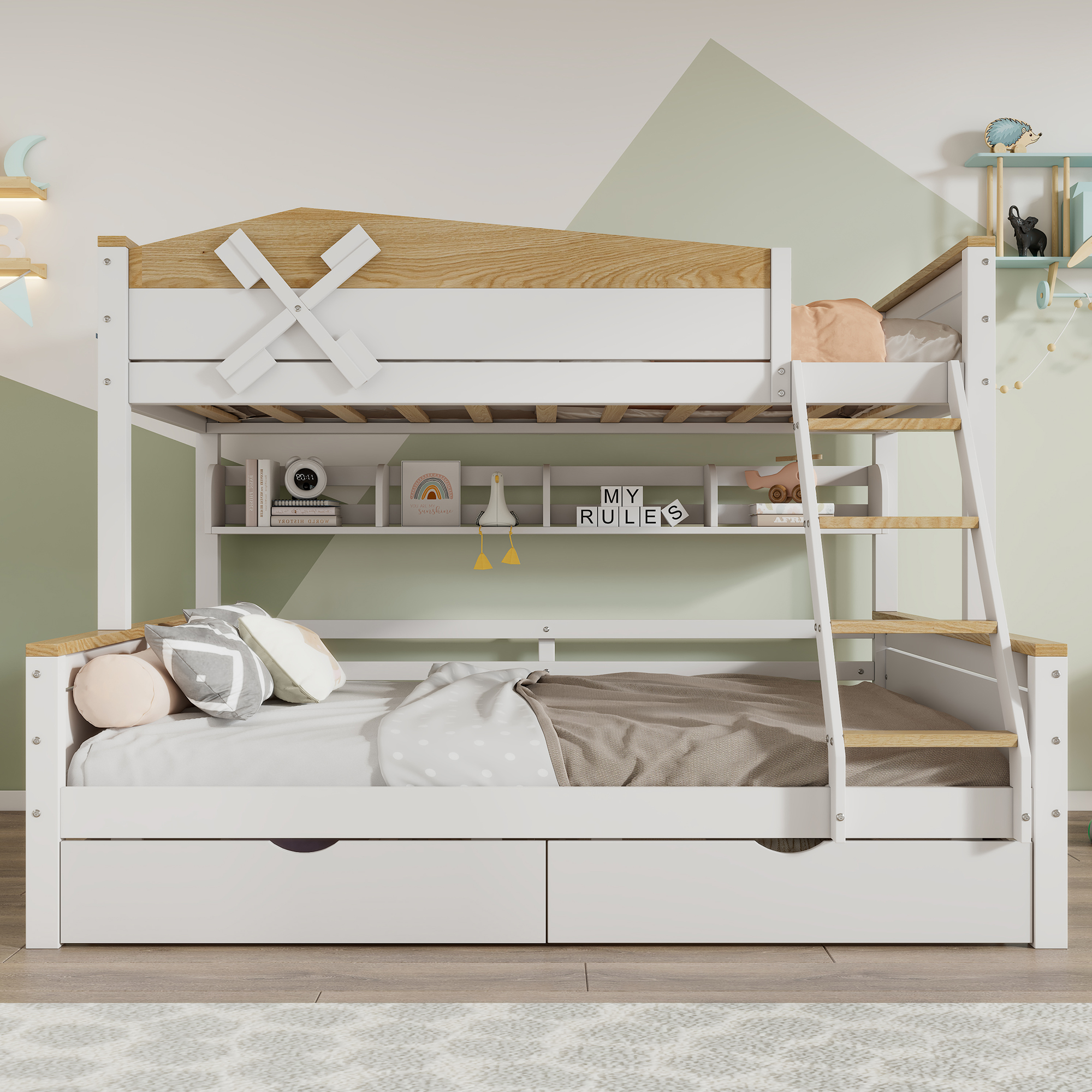 Etagenbett mit Windmühle, mit Regalen, Kinderbett,