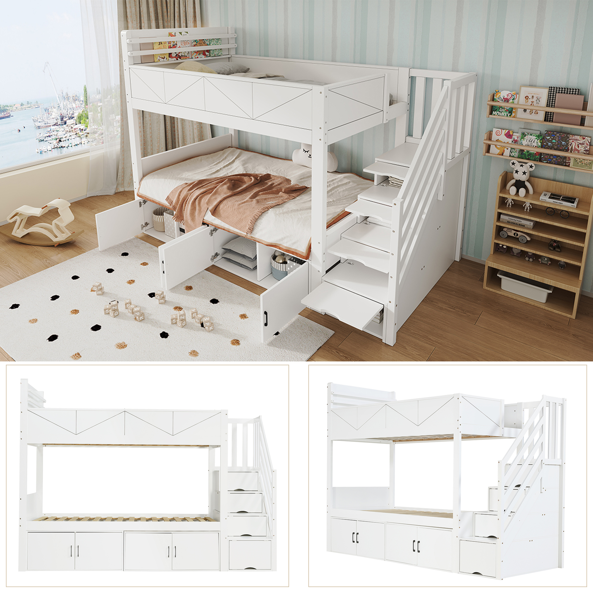 Lit superposé 90 x 200 cm, escalier de rangement, garde-corps, bois de pin, blanc, 254 x 95 x 189 cm 🛏️🪜 - spécifications 1