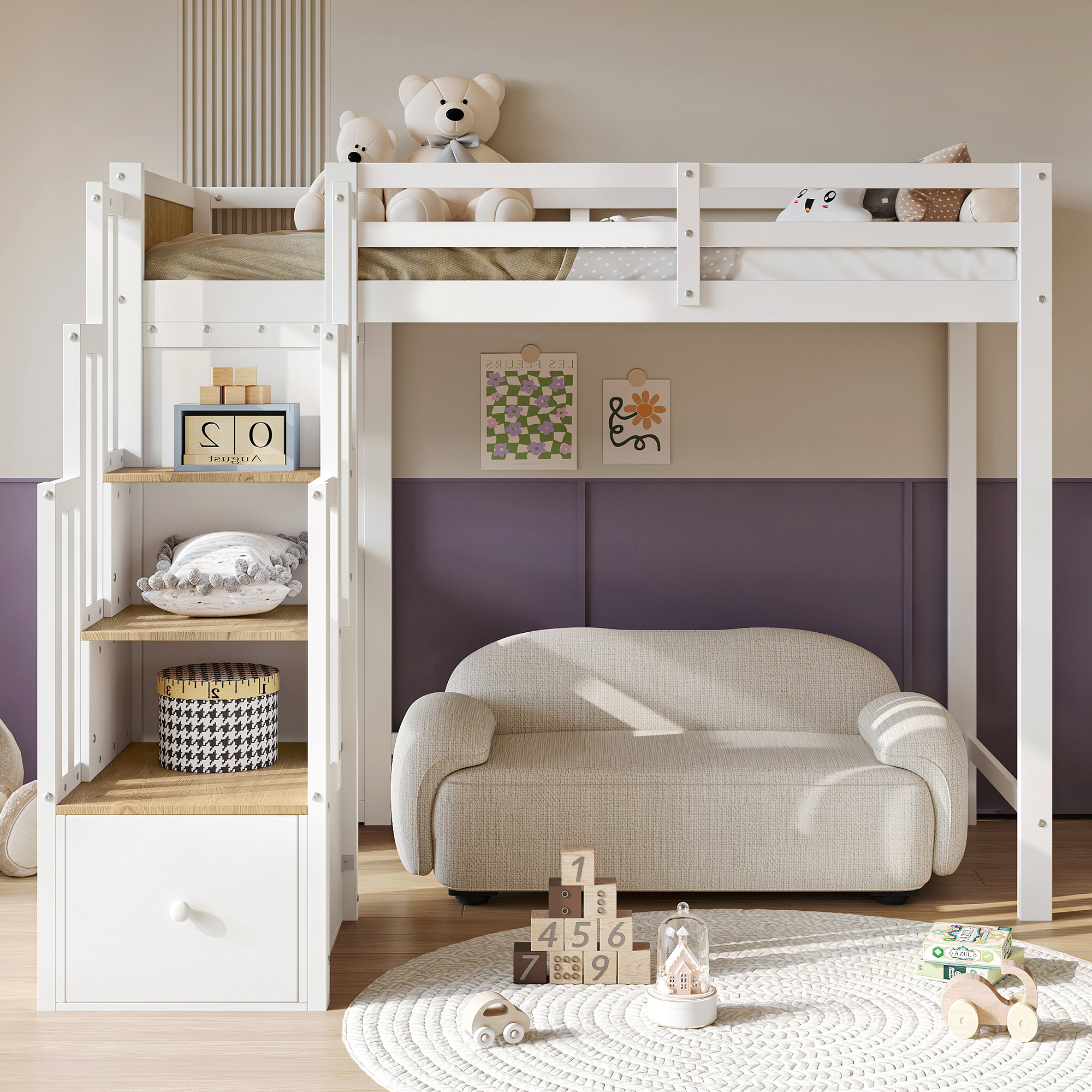 Lit mezzanine enfant blanc et naturel avec rangement