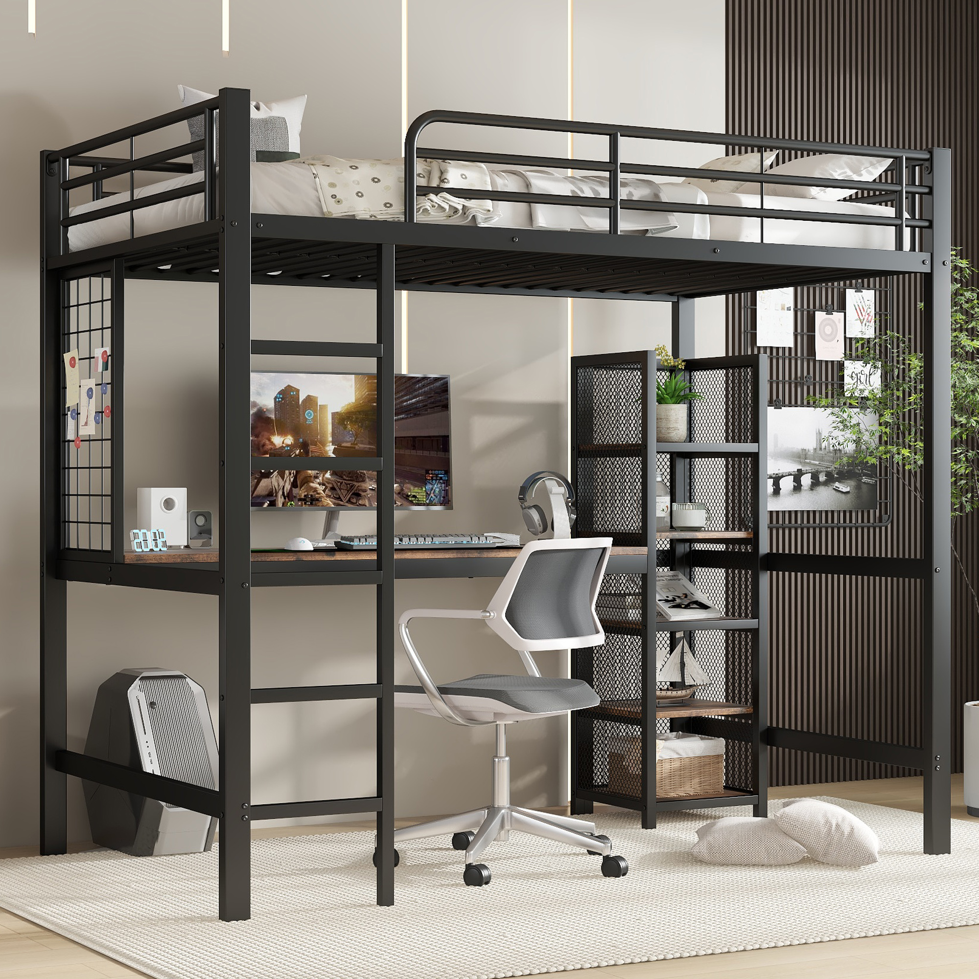 Hochbett, Eisenbett, Eisen + MDF, Mit Tisch und Re