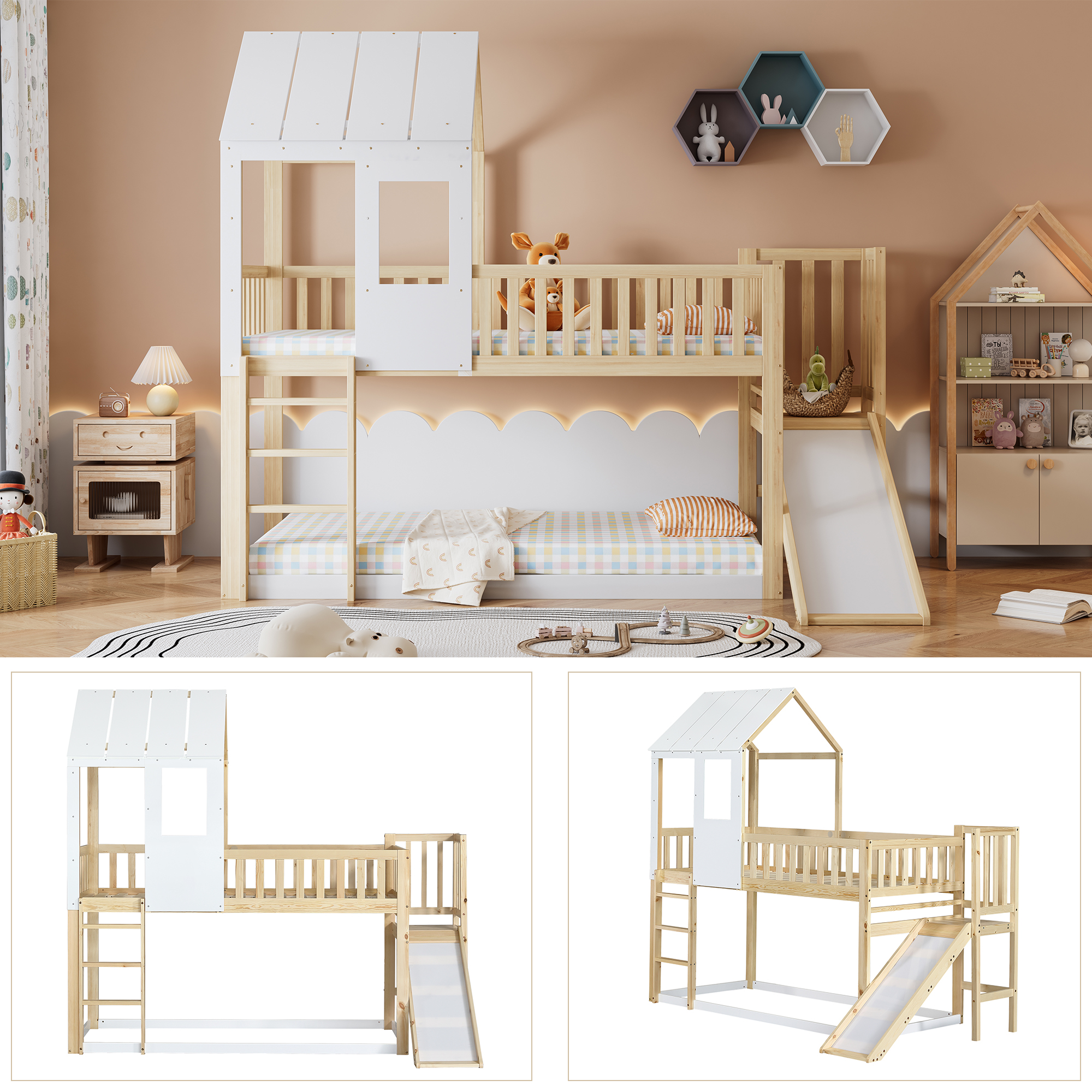 Lit mezzanine enfant avec toboggan, toit et fenêtre, pin et MDF, naturel et blanc, 90x200 cm 6