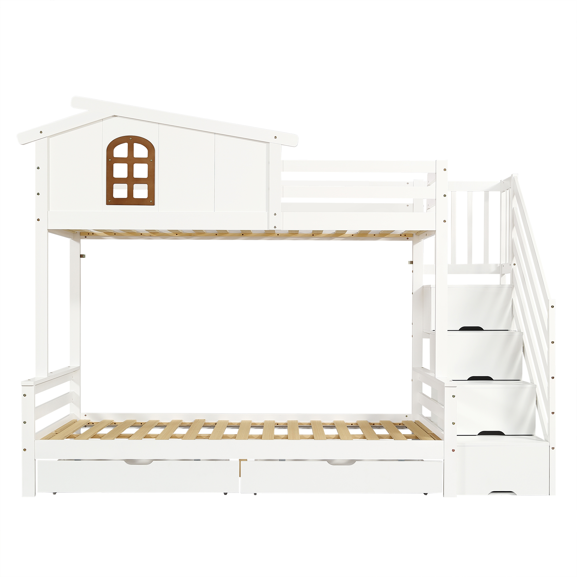 Lit superposé enfant pin/MDF/contreplaqué avec 2 tiroirs à roulettes, échelle-coffre d'angle, fenêtres exquises, pour chambre d'enfant, beaucoup de rangement, sécurité, design charmant, stabilité, durabilité - image 11