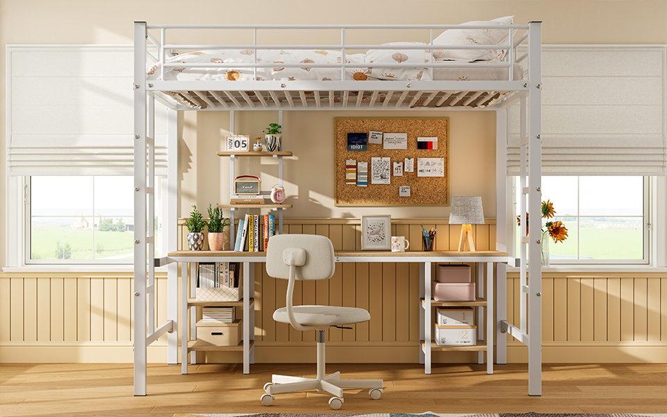 Lit superposé en fer avec bureau et étagères niveau inférieur, pour chambre d'enfant, construction robuste, design polyvalent, maximise espace, étude et jeu, stabilité, sécurité, style fonctionnel moderne - image 4