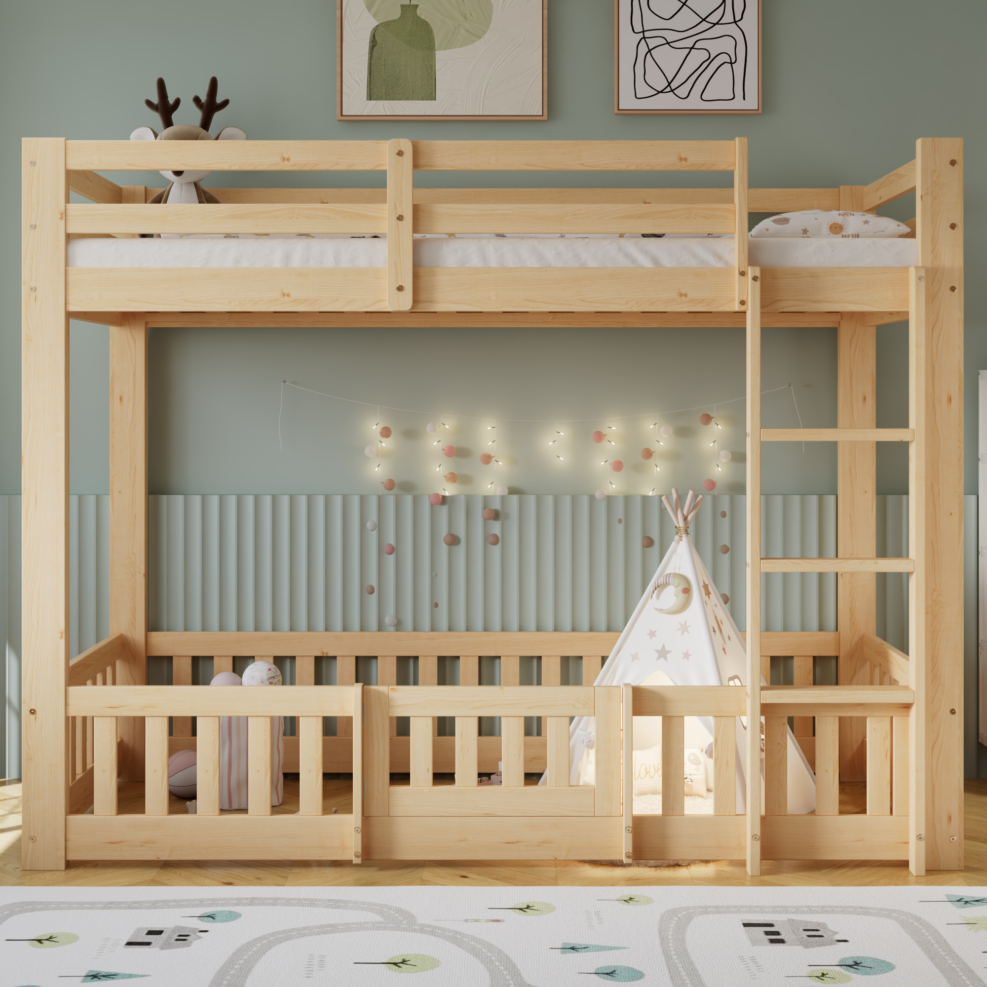Lit superposé 90 x 200 cm, escalier d’angle, garde-corps, espace sous le lit aménageable, rangements intégrés, bois de pin, effet bois naturel, 204 x 100,5 x 150 cm 🛏️🪜 - présentation 1