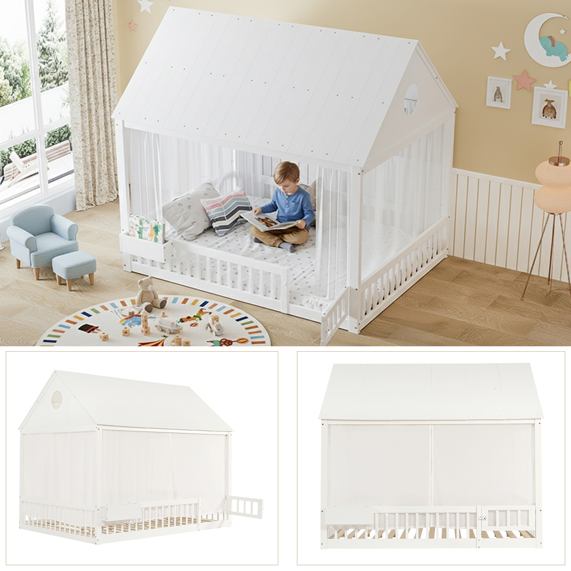 Lit maison enfant 140x200 cm en bois de pin MDF et - image 4