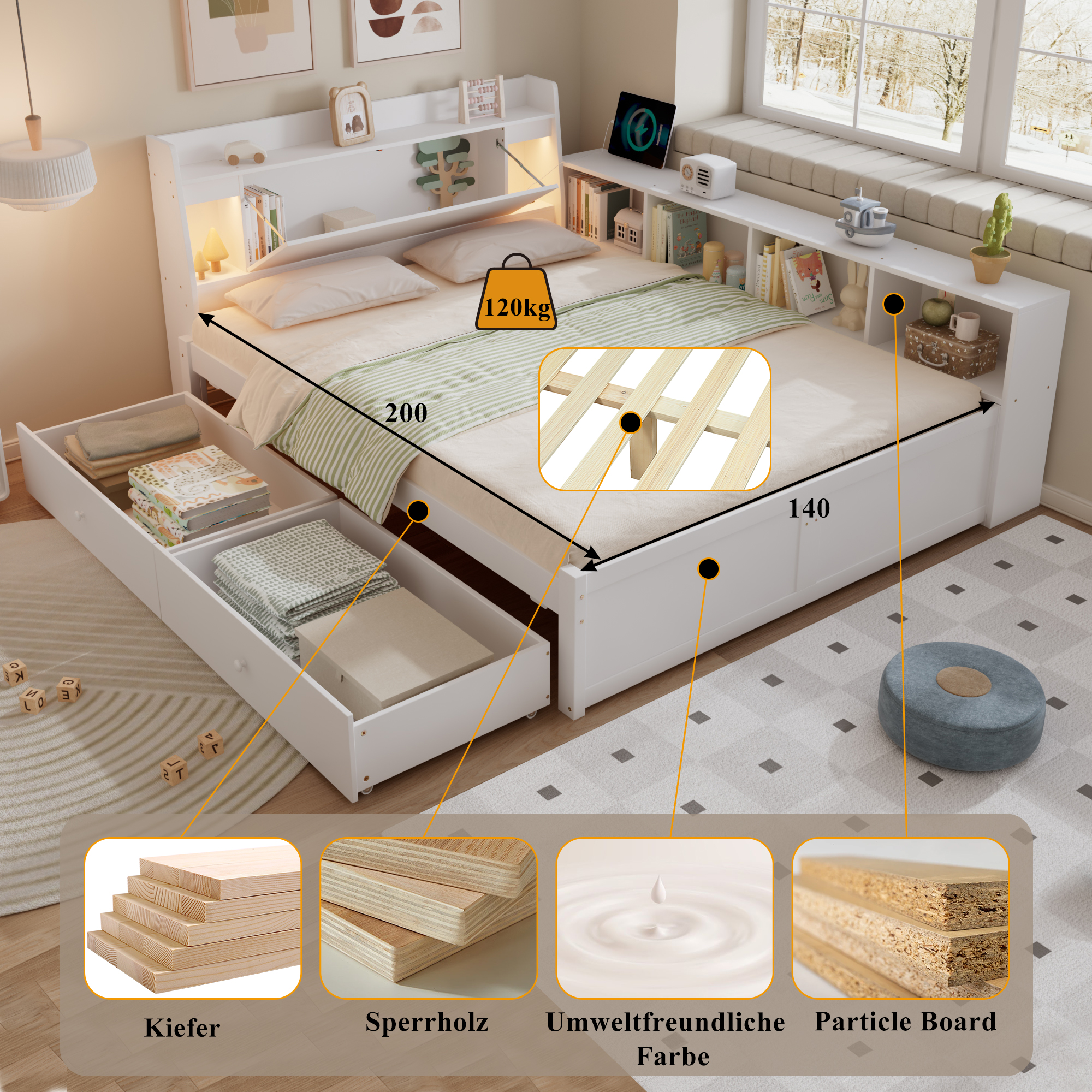 Doppelbett, Paneelbett, Kopfteil mit Ablagefach + 