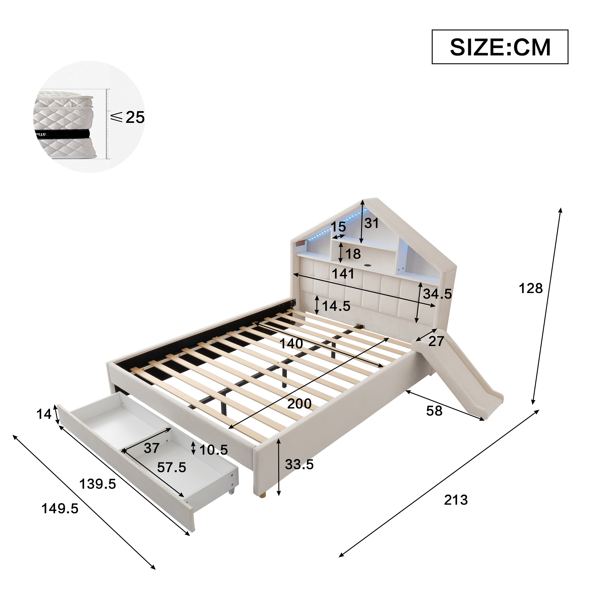 Détails du toboggan, de la tête de lit avec rangement et de l’éclairage LED du lit enfant Beige 140 x 200 cm