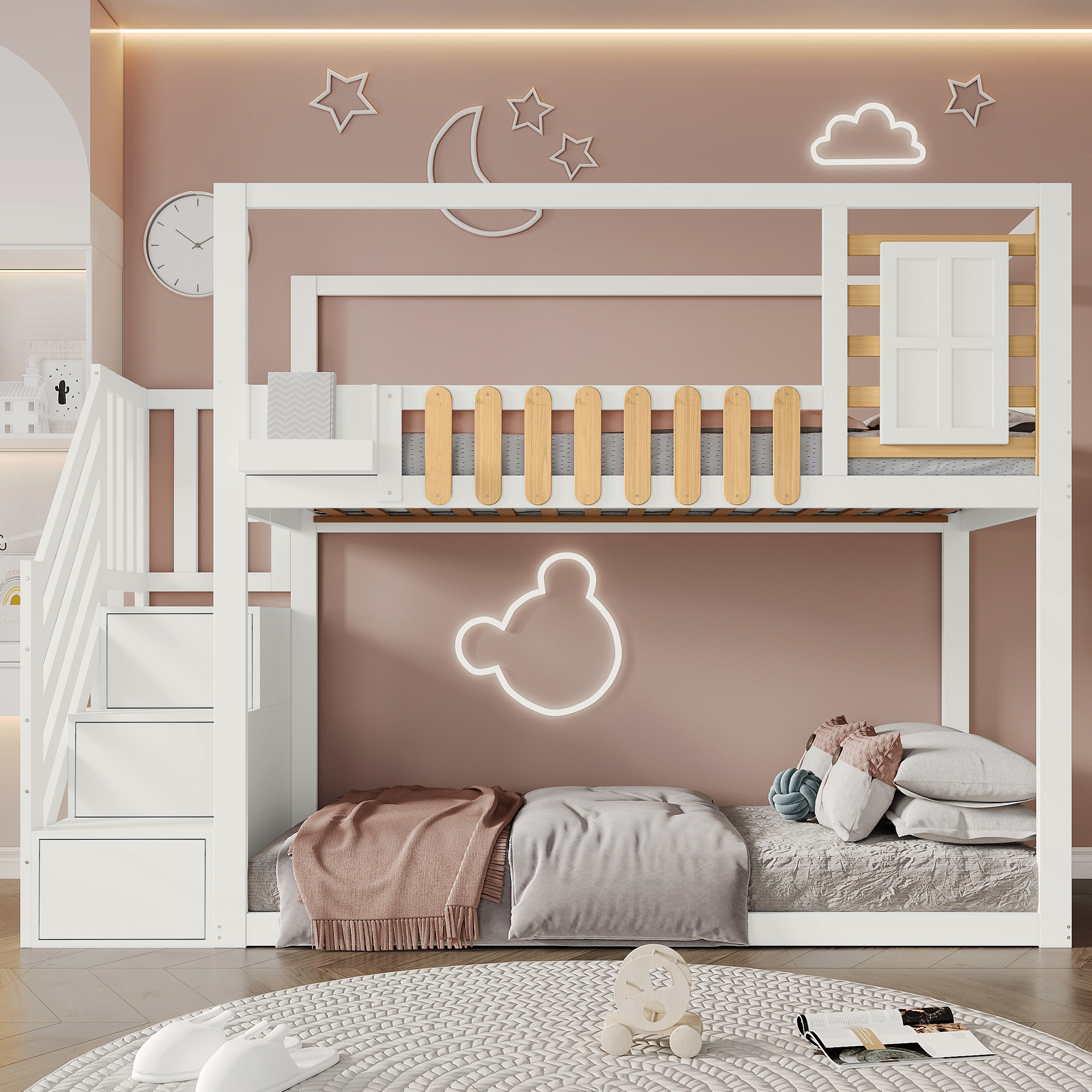 Etagenbett mit Treppe, Fenster und Regalkasten, Ra