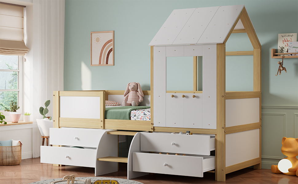 Lit enfant design maison couleur blanc bois