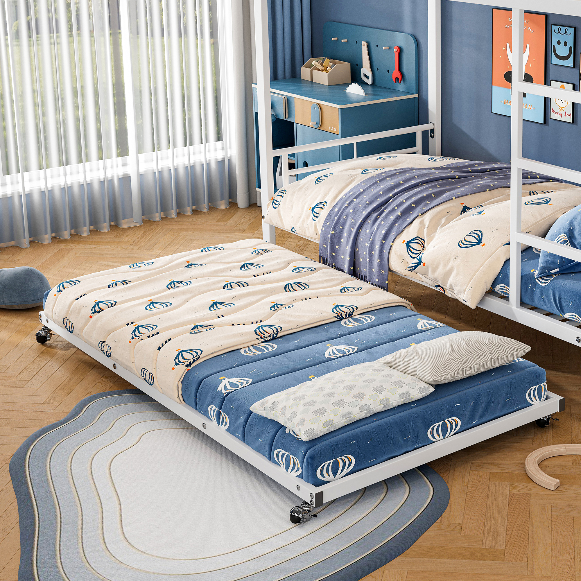 Lit superposé avec lit escamotable, pour matelas 90×200 et 90×190 cm, 4 barrières sécurité, échelle 3 marches, pour chambre d'enfant, gain de place vertical, accès sûr, design stable, style fonctionnel - image 12