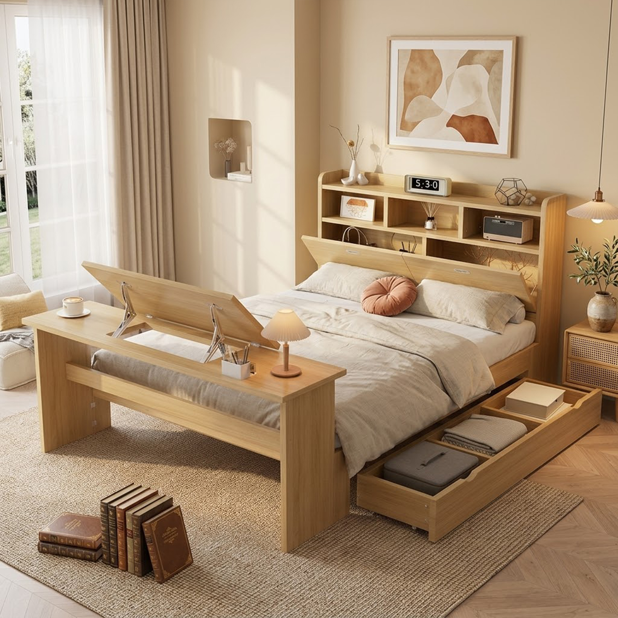 Lit en bois de chêne avec table rabattable et tiroir - Vue principale