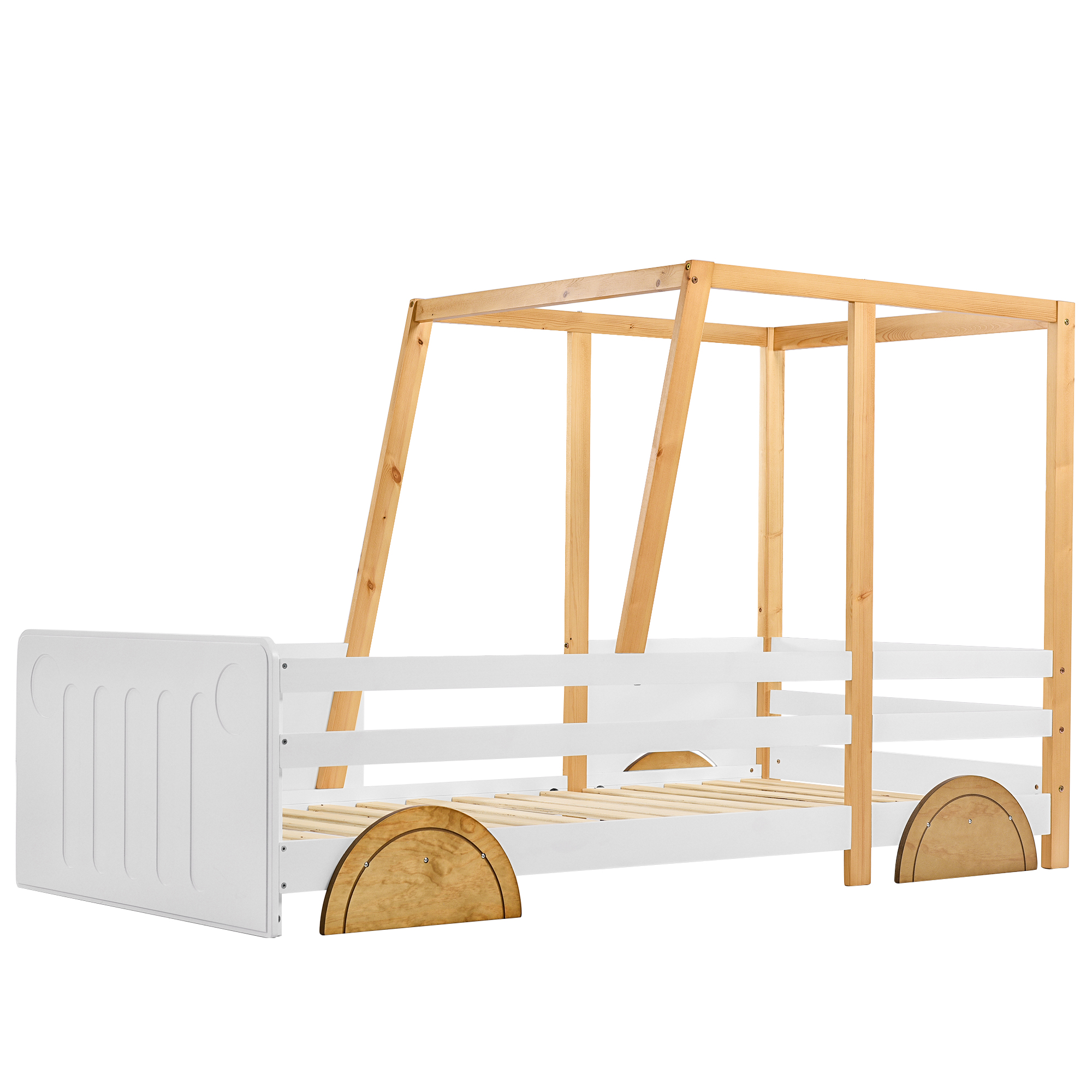 Lit enfant en forme de voiture, couleurs blanc/naturel/marron, autocollants vis, pour chambre d'enfant, design ludique, rêve automobile, sécurité renforcée, style charmant, stabilité, décoration, fonctionnalité - image 11