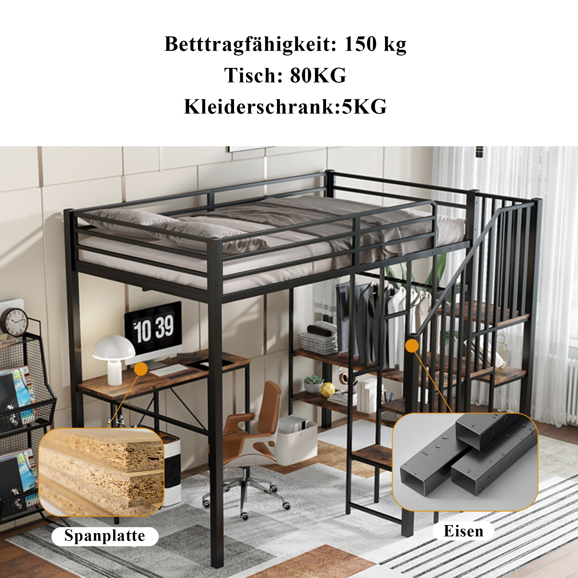 Lit mezzanine en fer avec bureau, étagères ouvertes, penderie ouverte latérale avec tringle, échelle-coffre 4 marches, pour chambre et étude, beaucoup de rangement, utilisation polyvalente, stabilité, fonctionnalité - image 4