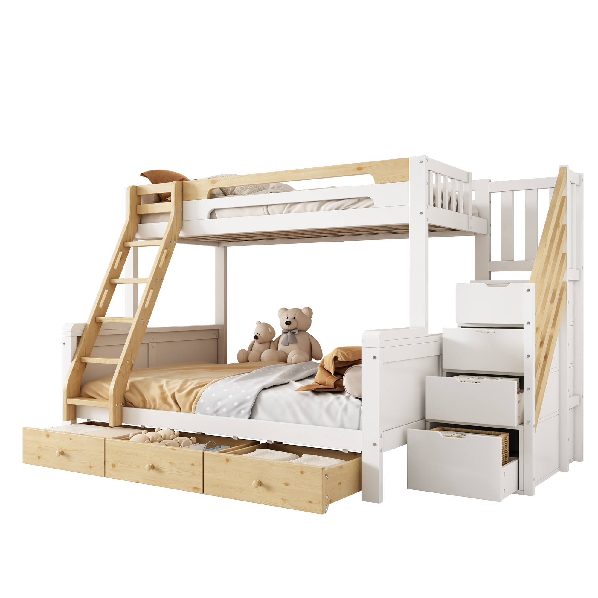 Lit superposé 90 x 200 cm / 140 x 200 cm avec 3 tiroirs, escalier avec rangement, LED, bois massif et MDF, Blanc et effet bois naturel - fonctions