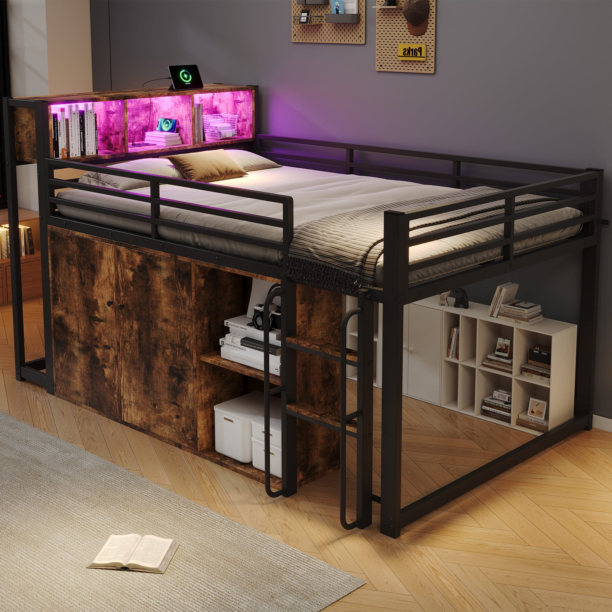 Vue générale du lit mezzanine noir et bois 120 × 200 cm avec armoire