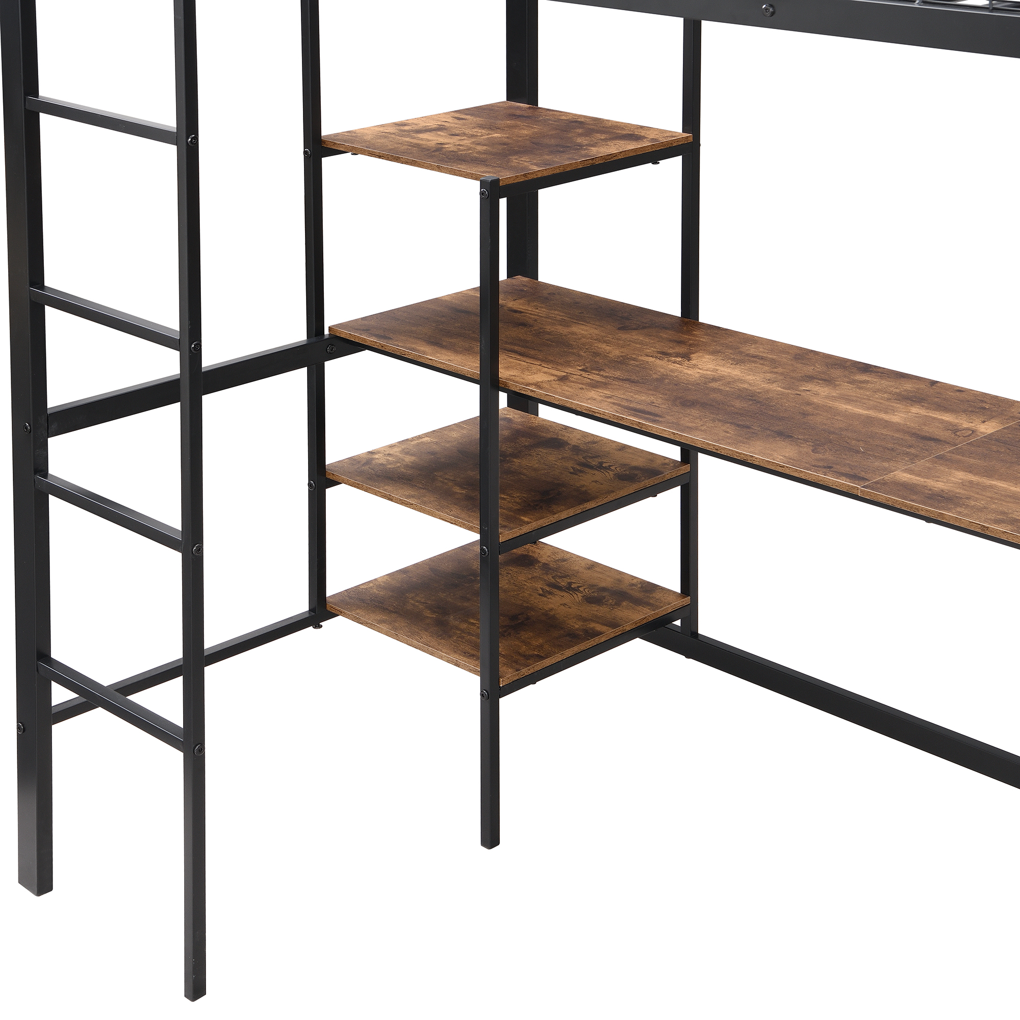 Lit superposé en fer avec échelle 4 marches, niveau inférieur transformé en espace travail et divertissement avec bureau et étagères, design polyvalent maximise l'espace, robuste et durable, pour chambre d'enfant - image 21