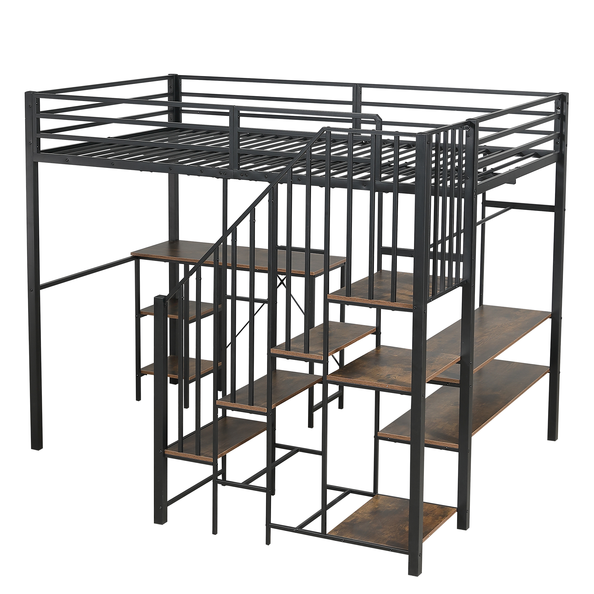 Lit mezzanine en fer avec bureau, étagères ouvertes, penderie ouverte latérale avec tringle, échelle-coffre 4 marches, pour chambre et étude, beaucoup de rangement, utilisation polyvalente, stabilité, fonctionnalité - image 16