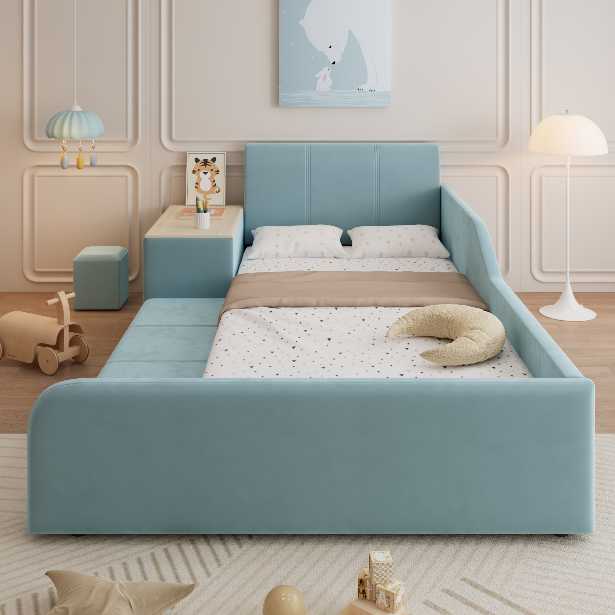 Polsterbett, Einzelbett mit Kinderschreibtisch und