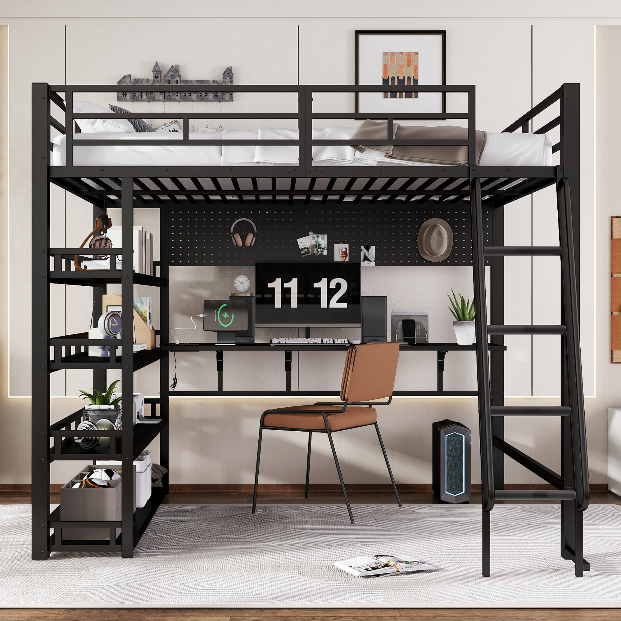 Lit mezzanine en fer noir avec étagères, rangements et prise de charge, 140x200 cm 4