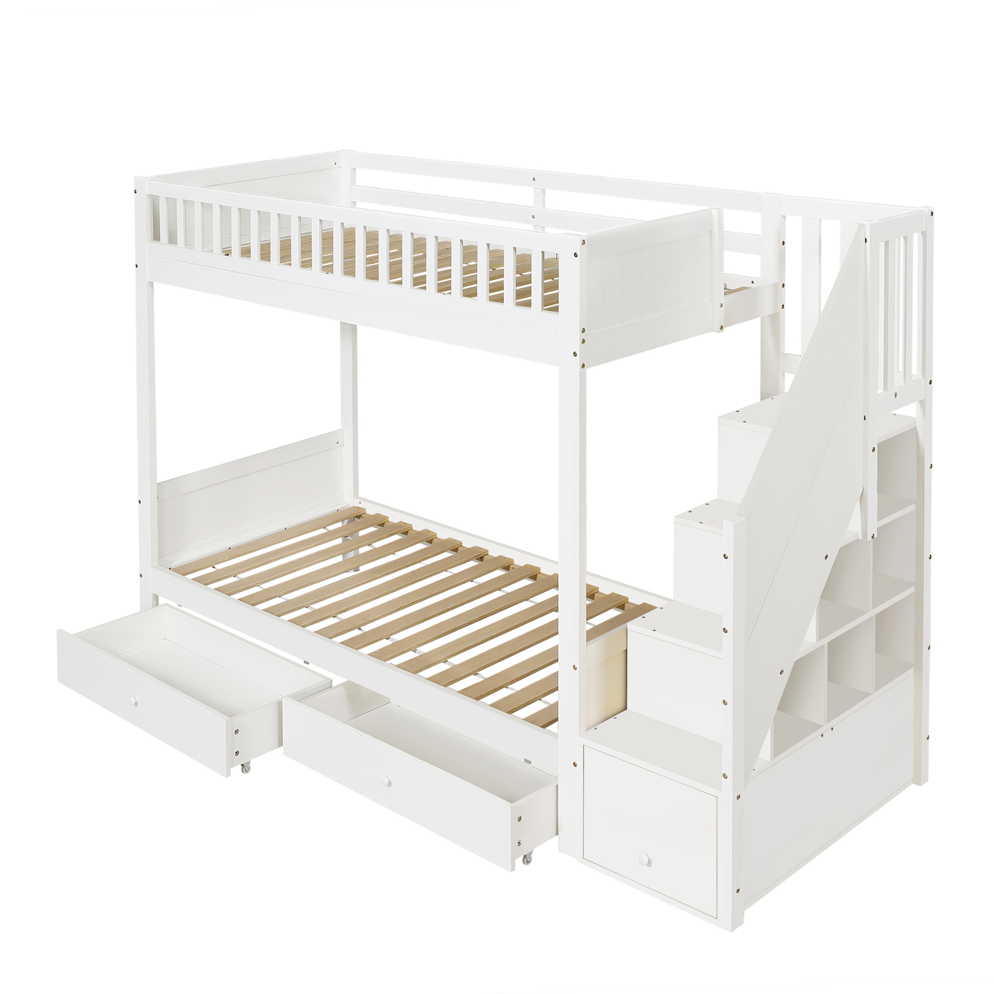 Lit superposé 90 x 200 cm / 95 x 165 cm avec 2 tiroirs, escalier avec rangement, LED, bois massif et MDF, Blanc - vue complémentaire