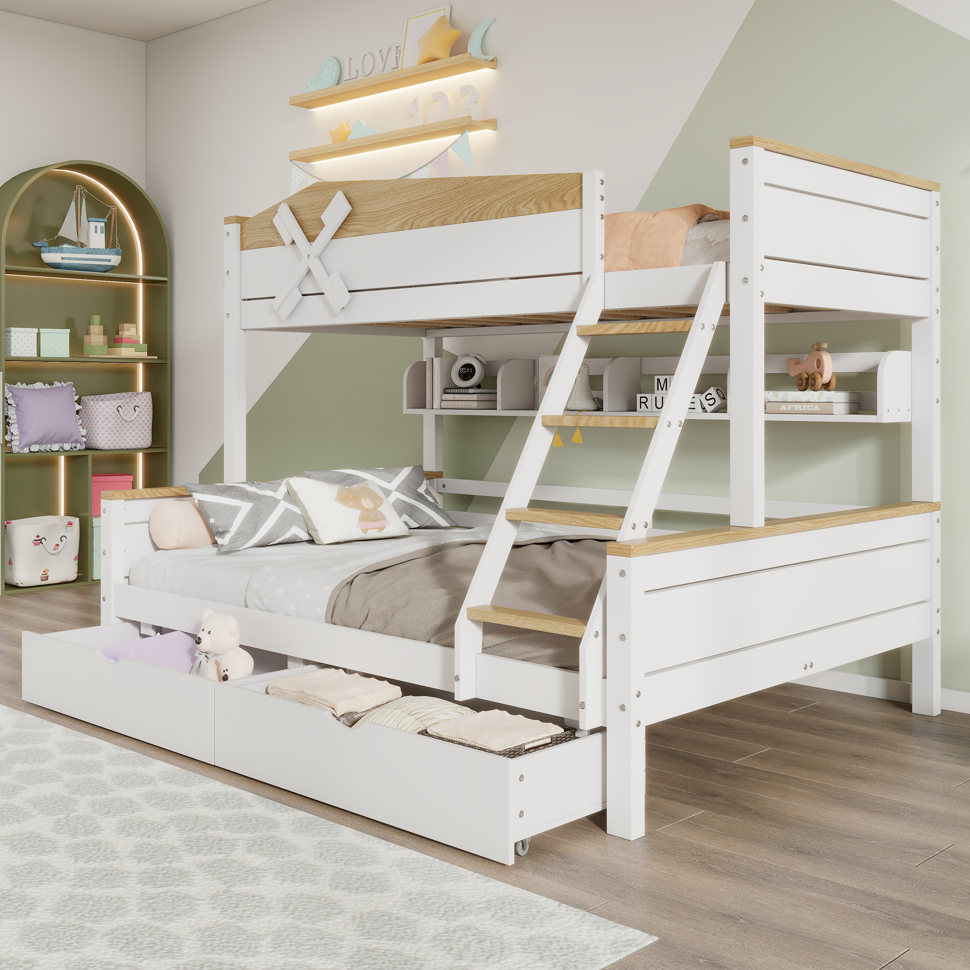 Etagenbett mit Windmühle, mit Regalen, Kinderbett,