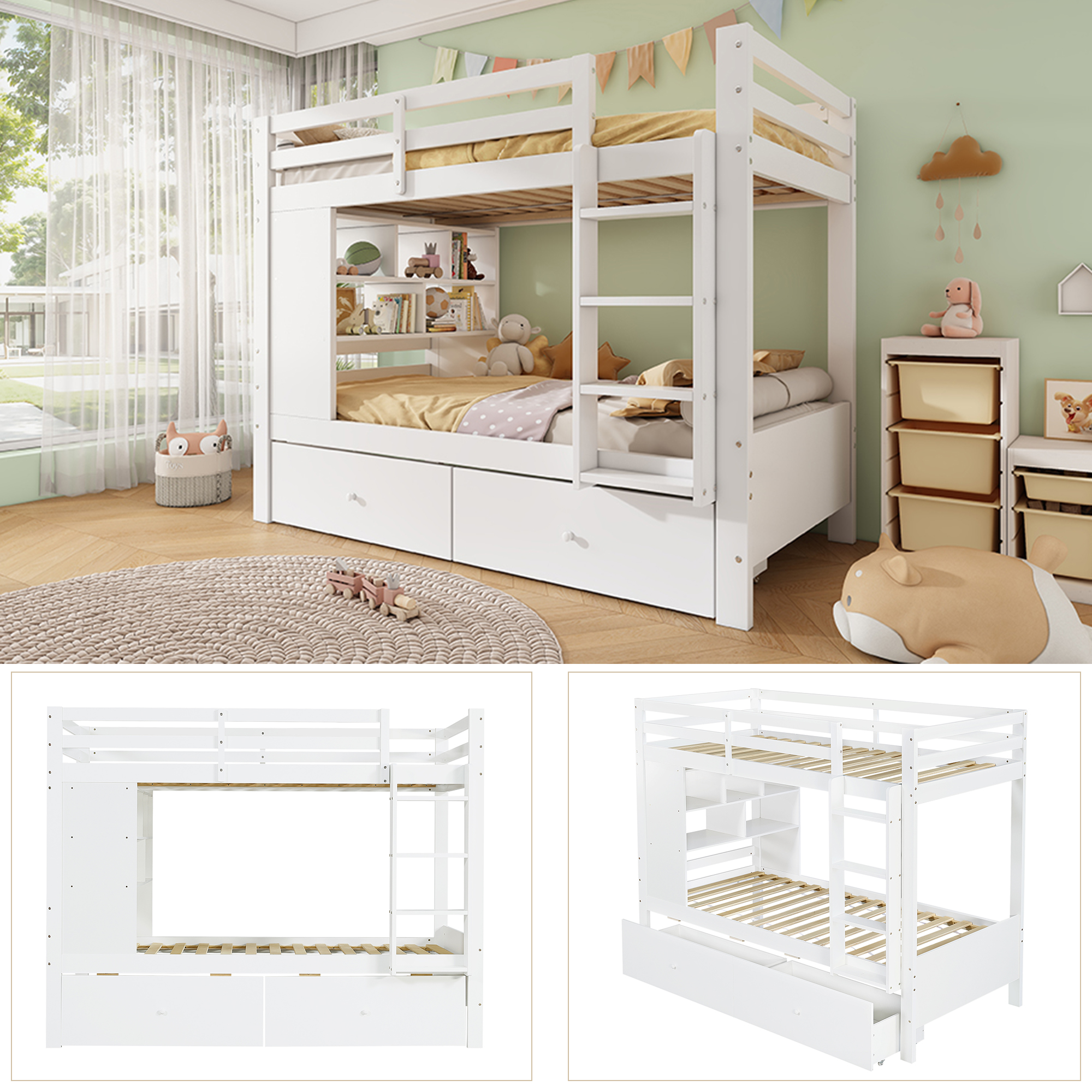 Lit superposé 90 x 200 cm / 205 x 104 cm avec 2 tiroirs, échelle, LED, rangements, bois, Blanc - dimensions et détails