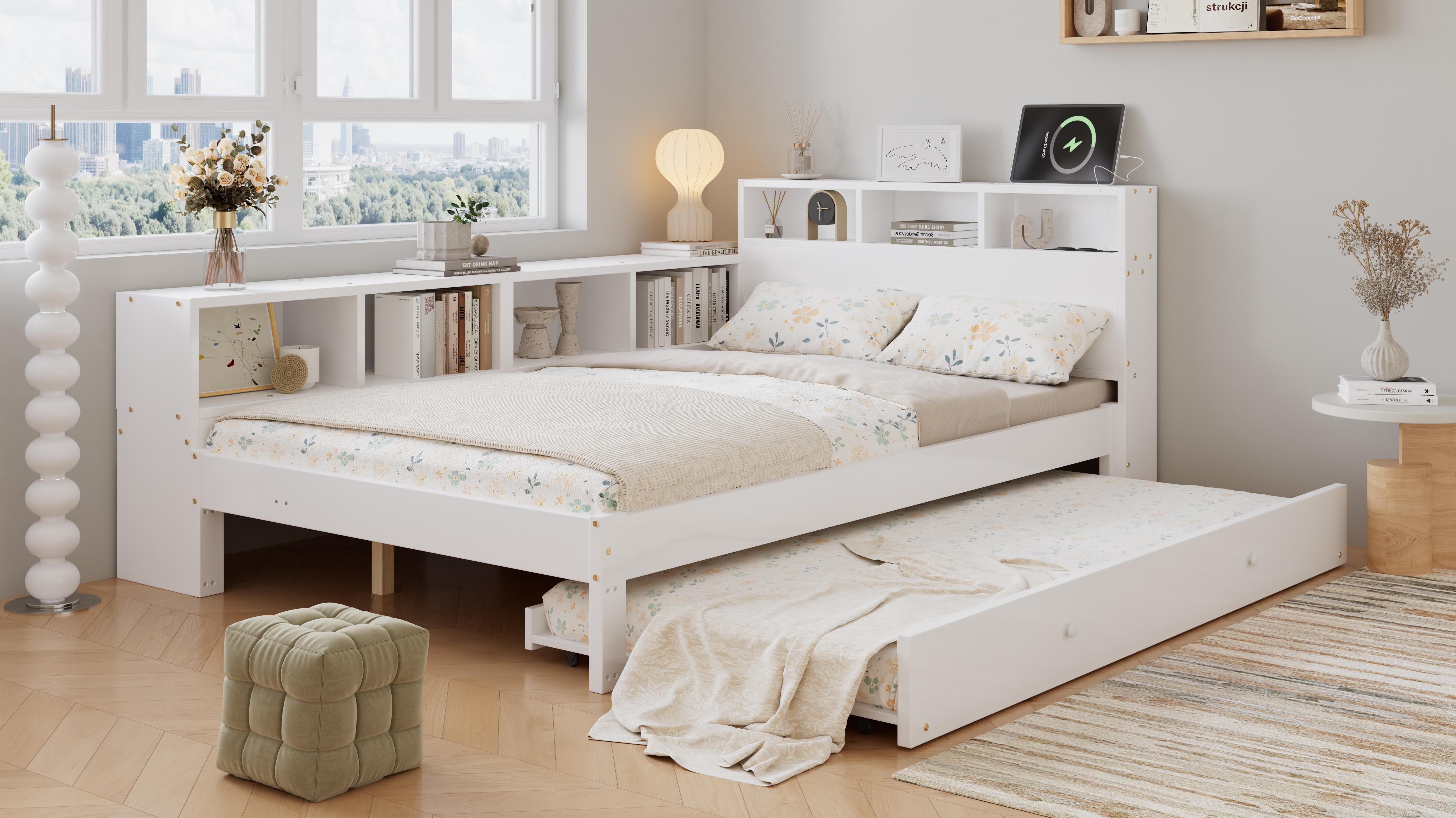 Vue principale du lit en bois blanc avec lit gigogne