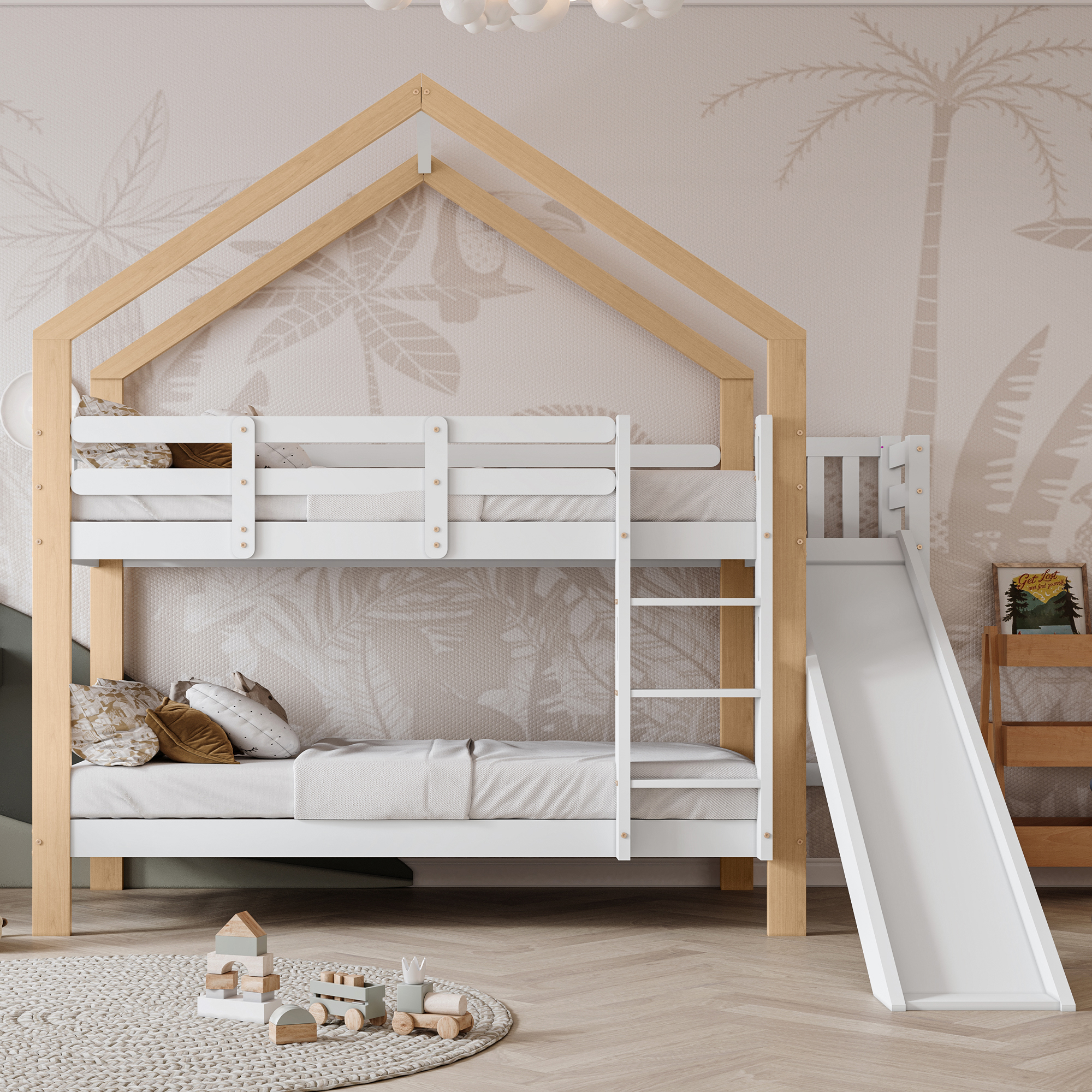 Lit Superposé Cabane KOMHTOM Avec Toboggan Et Échelle - Bois Pin 140x200cm, Gris