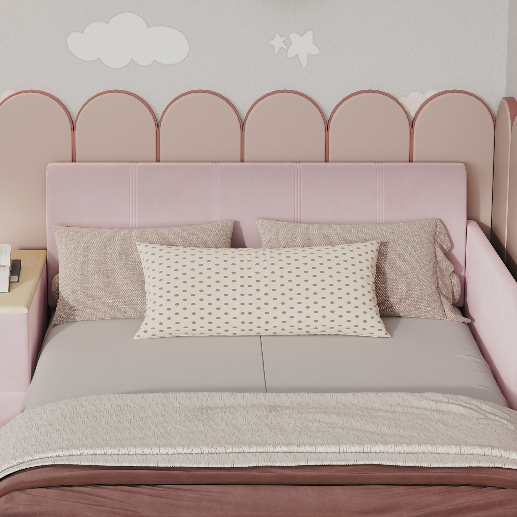 Lit rembourré 140 x 200 cm avec éclairage LED, rangements intégrés, bureau intégré, tabouret, rose - spécifications 1